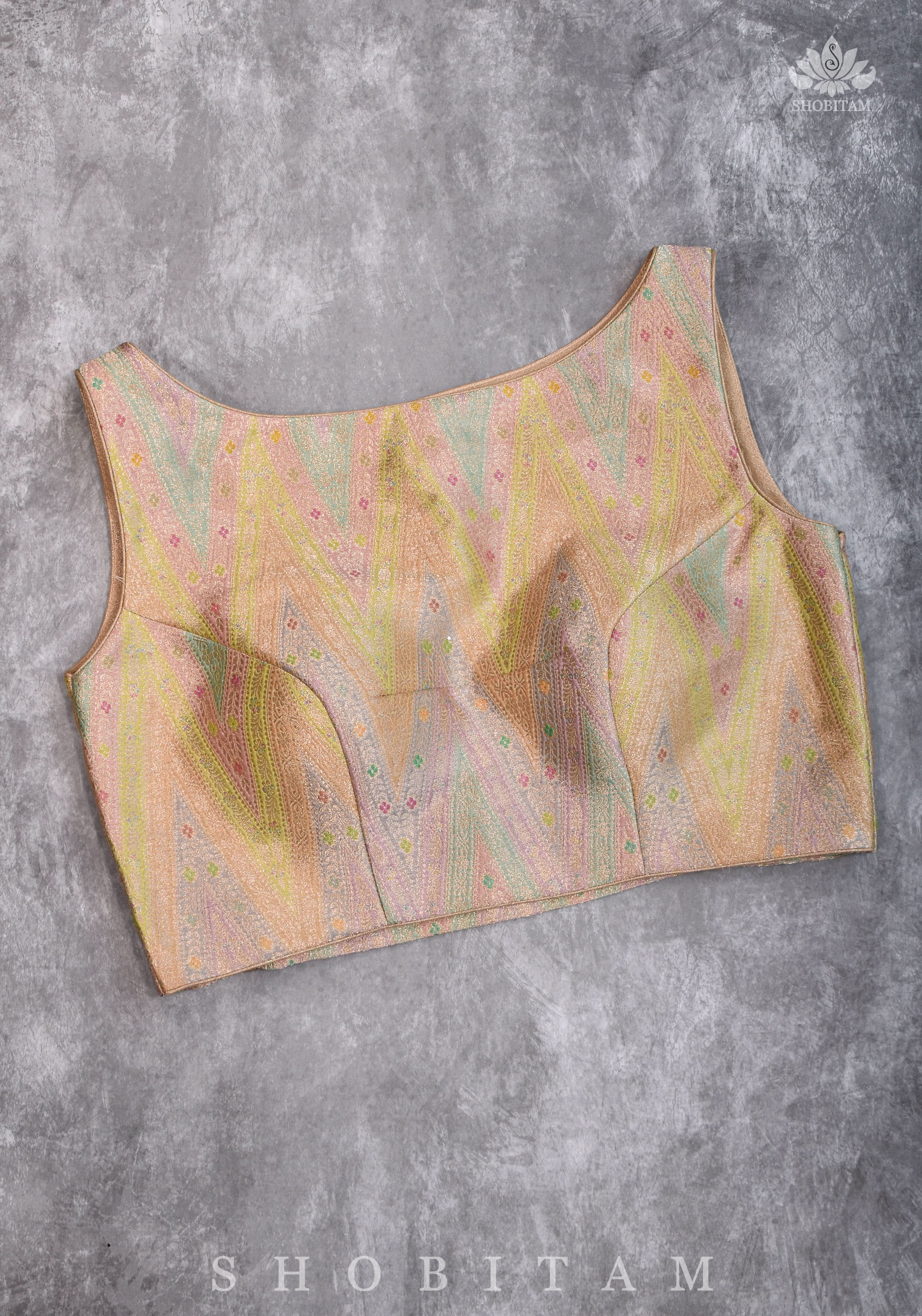Banarasi Brocade Pastel Mix and Match Blouse with Side-back Closure and Potli Buttons | Shobitam
