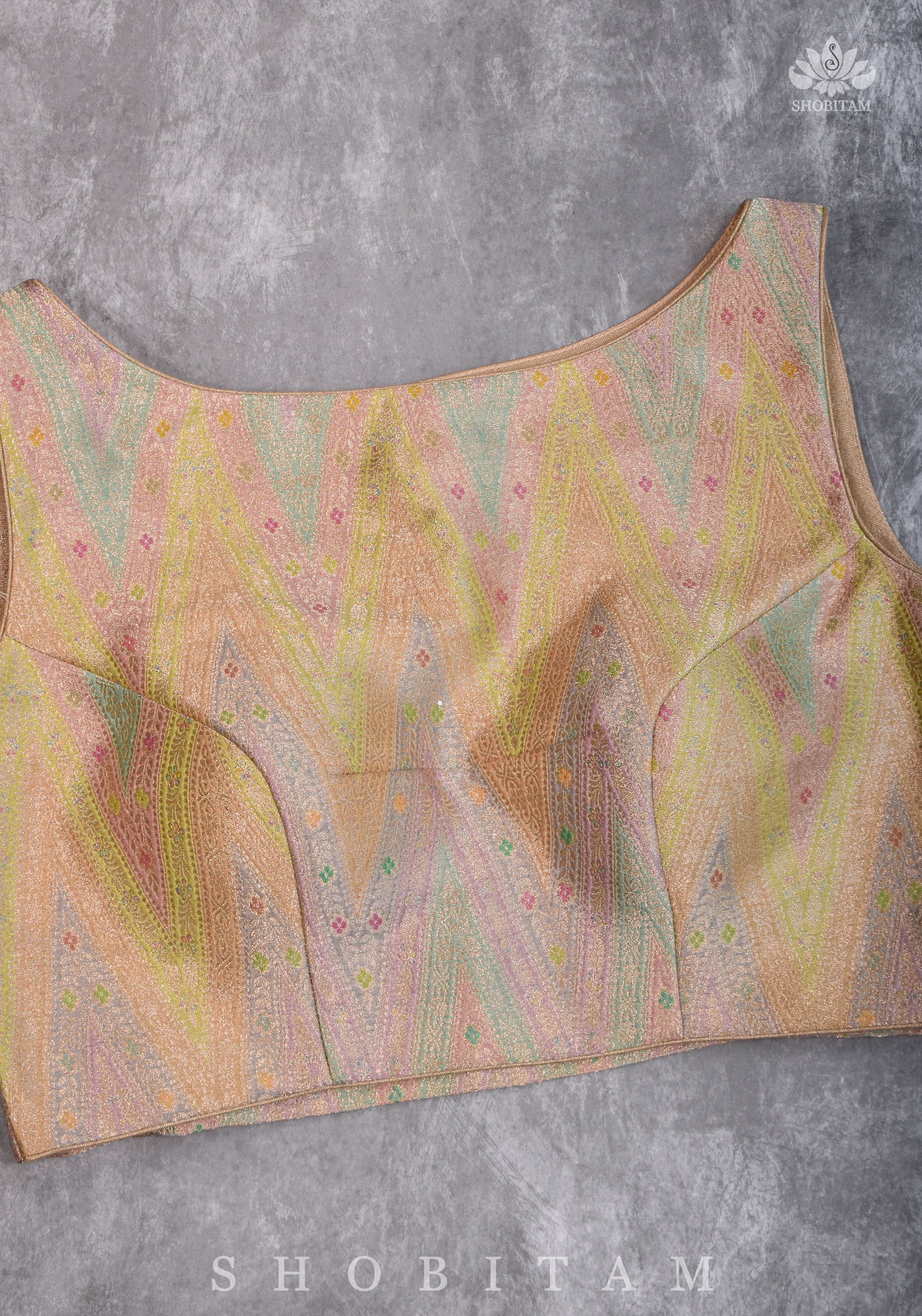 Banarasi Brocade Pastel Mix and Match Blouse with Side-back Closure and Potli Buttons | Shobitam
