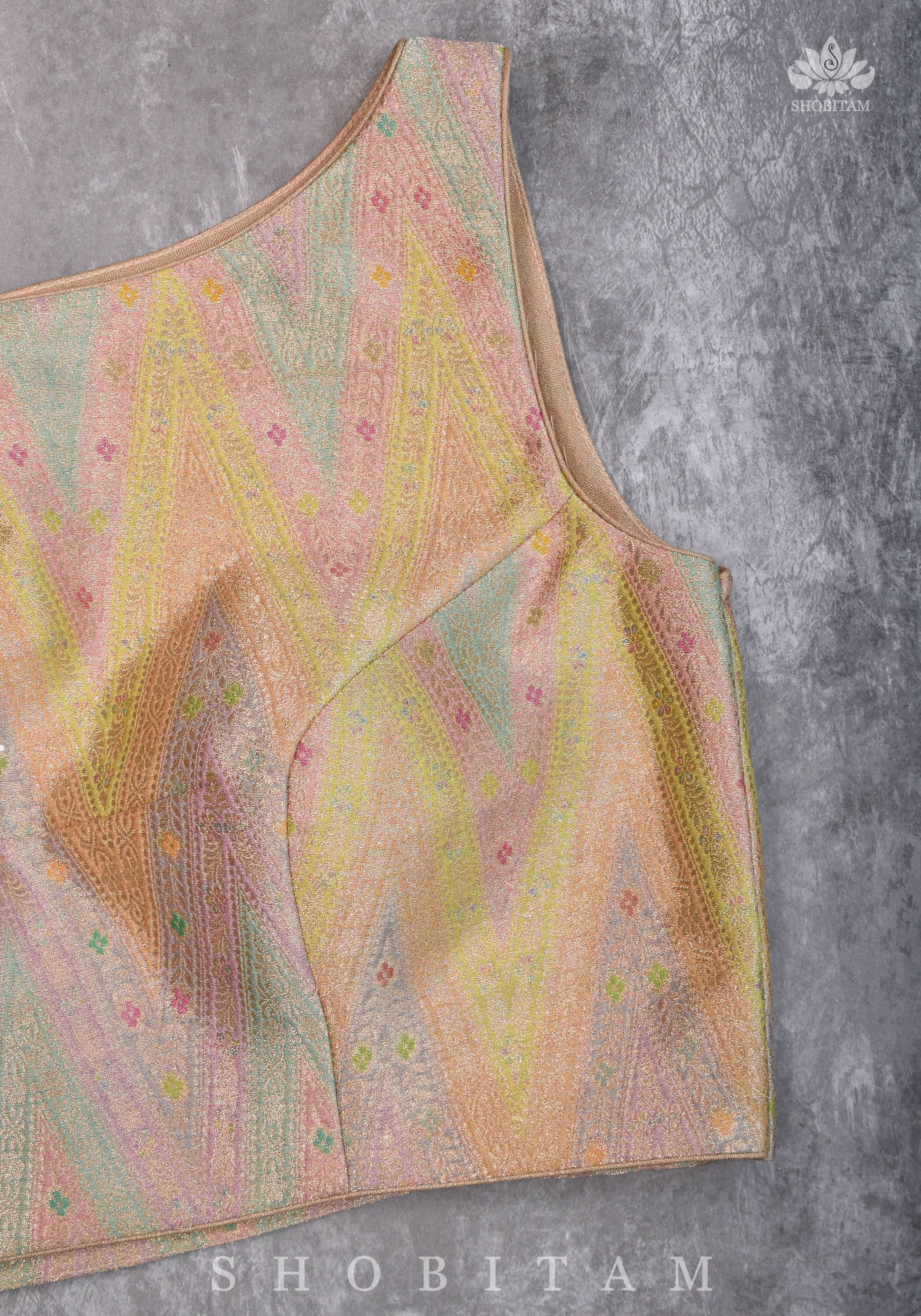 Banarasi Brocade Pastel Mix and Match Blouse with Side-back Closure and Potli Buttons | Shobitam