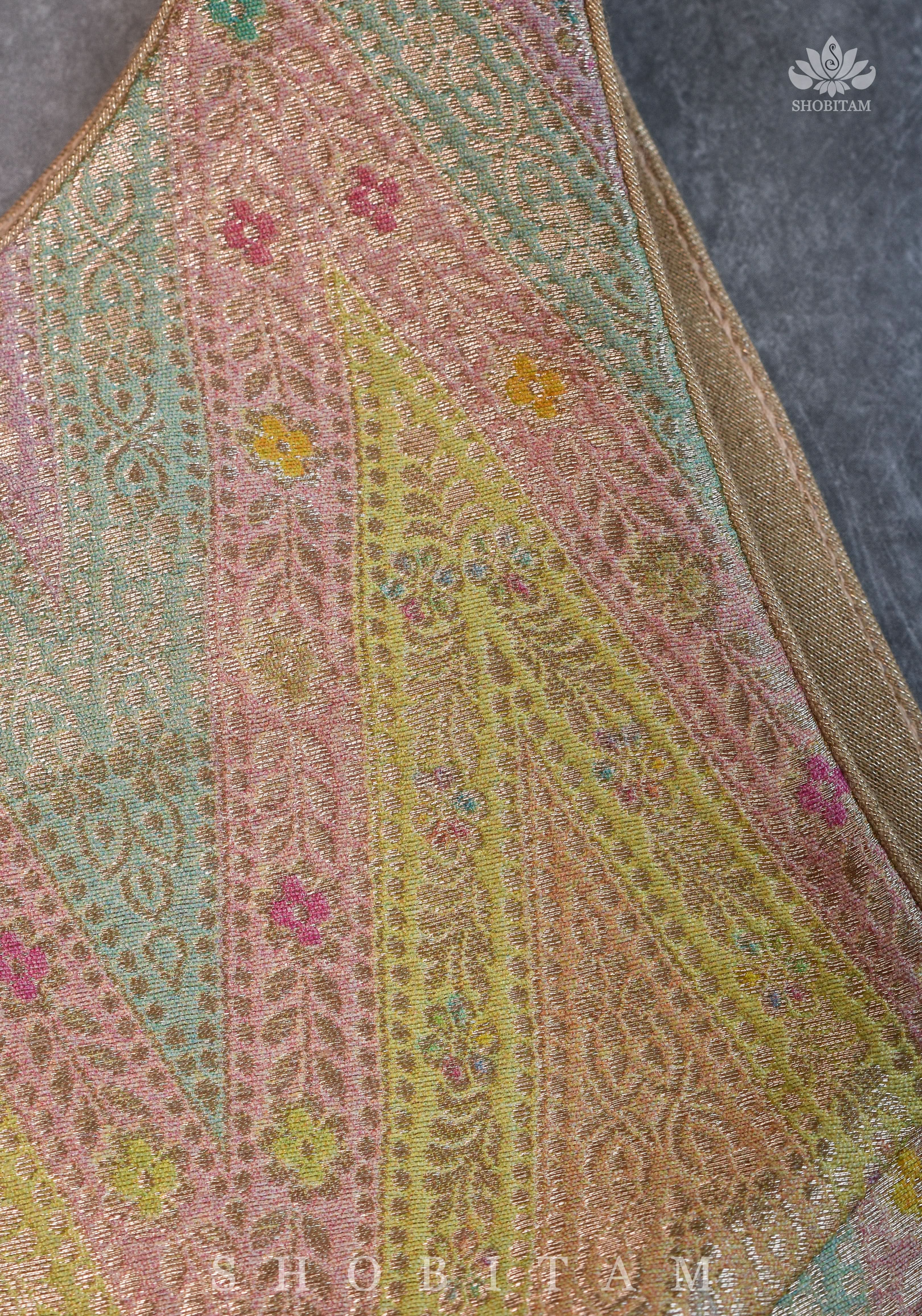 Banarasi Brocade Pastel Mix and Match Blouse with Side-back Closure and Potli Buttons | Shobitam