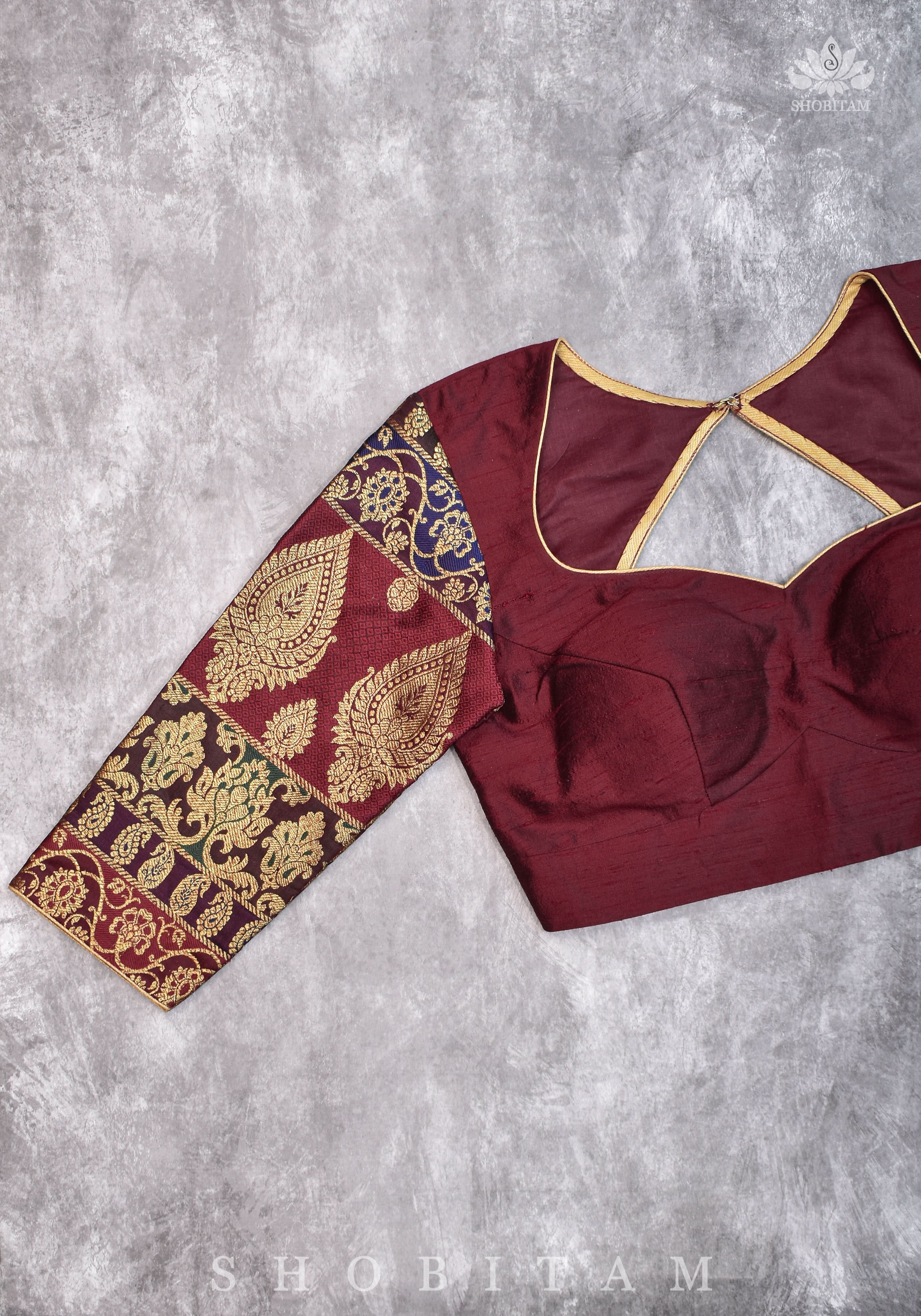 Pure Raw Silk and Below elbow sleeve Sleeve Banarasi Brocade Blouse in Maroon | Shobitam