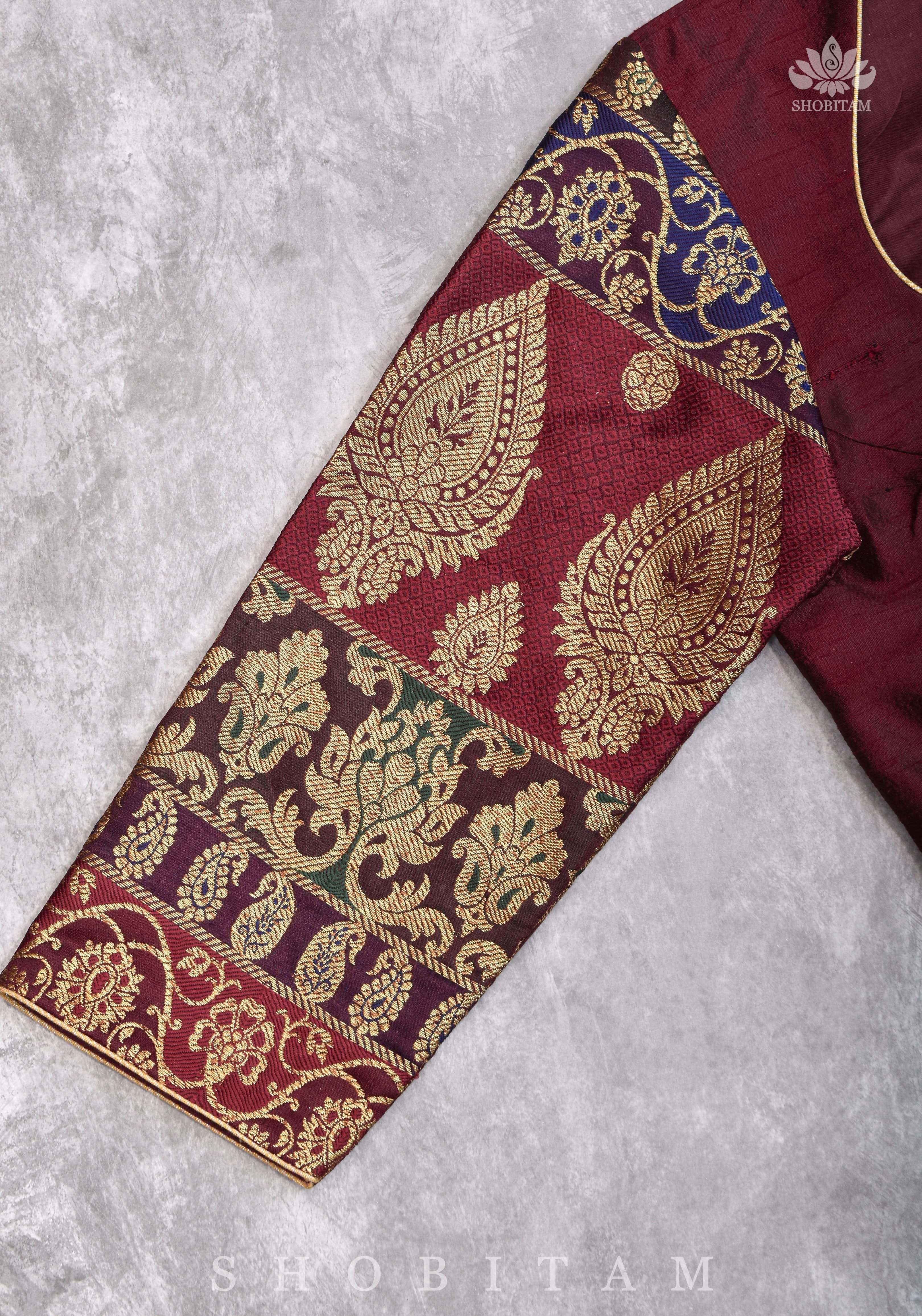 Pure Raw Silk and Below elbow sleeve Sleeve Banarasi Brocade Blouse in Maroon | Shobitam
