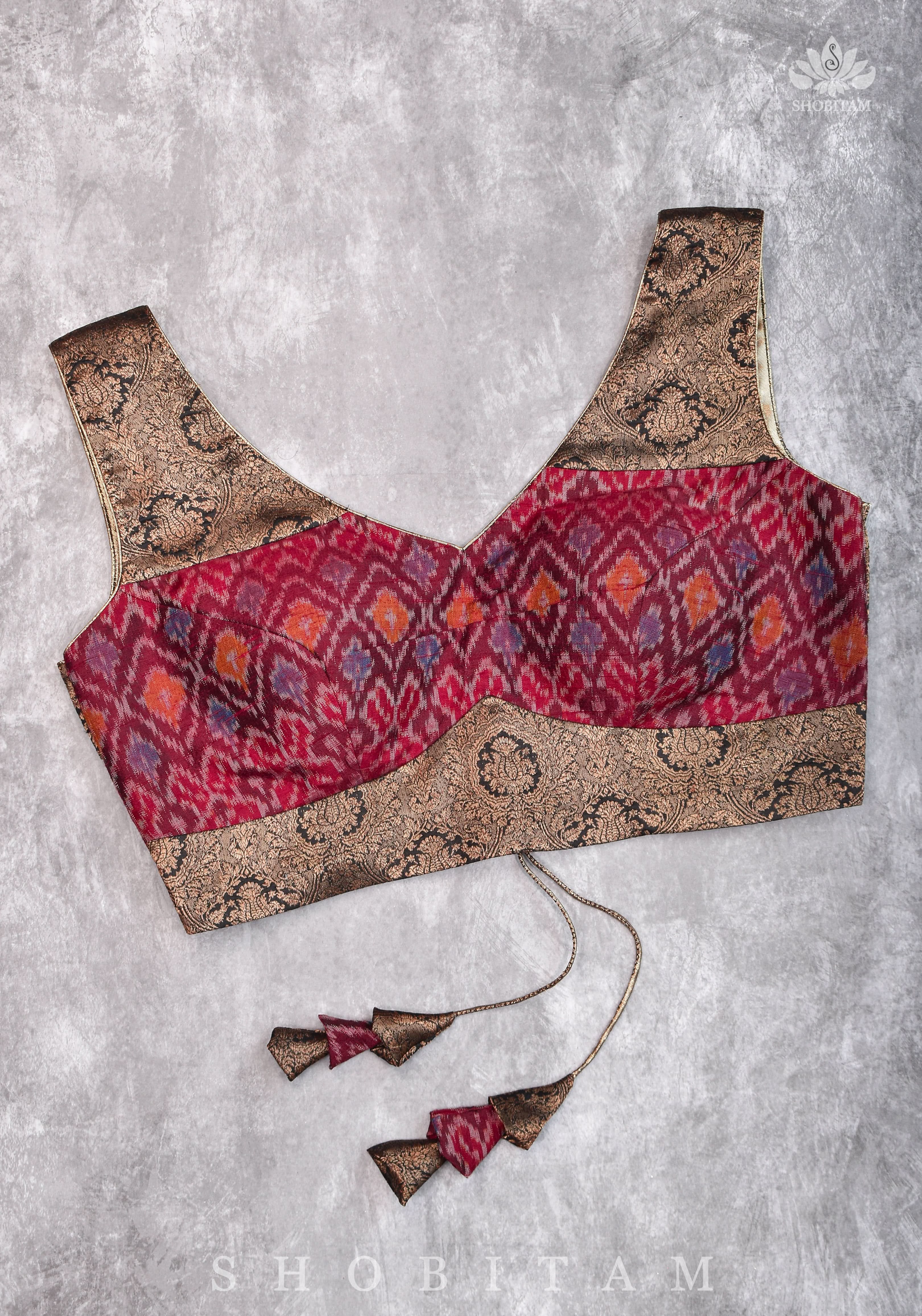 Pure Raw Silk with Ikkat weave and Banarasi pure silk brocade Blouse in maroon and Black | Shobitam
