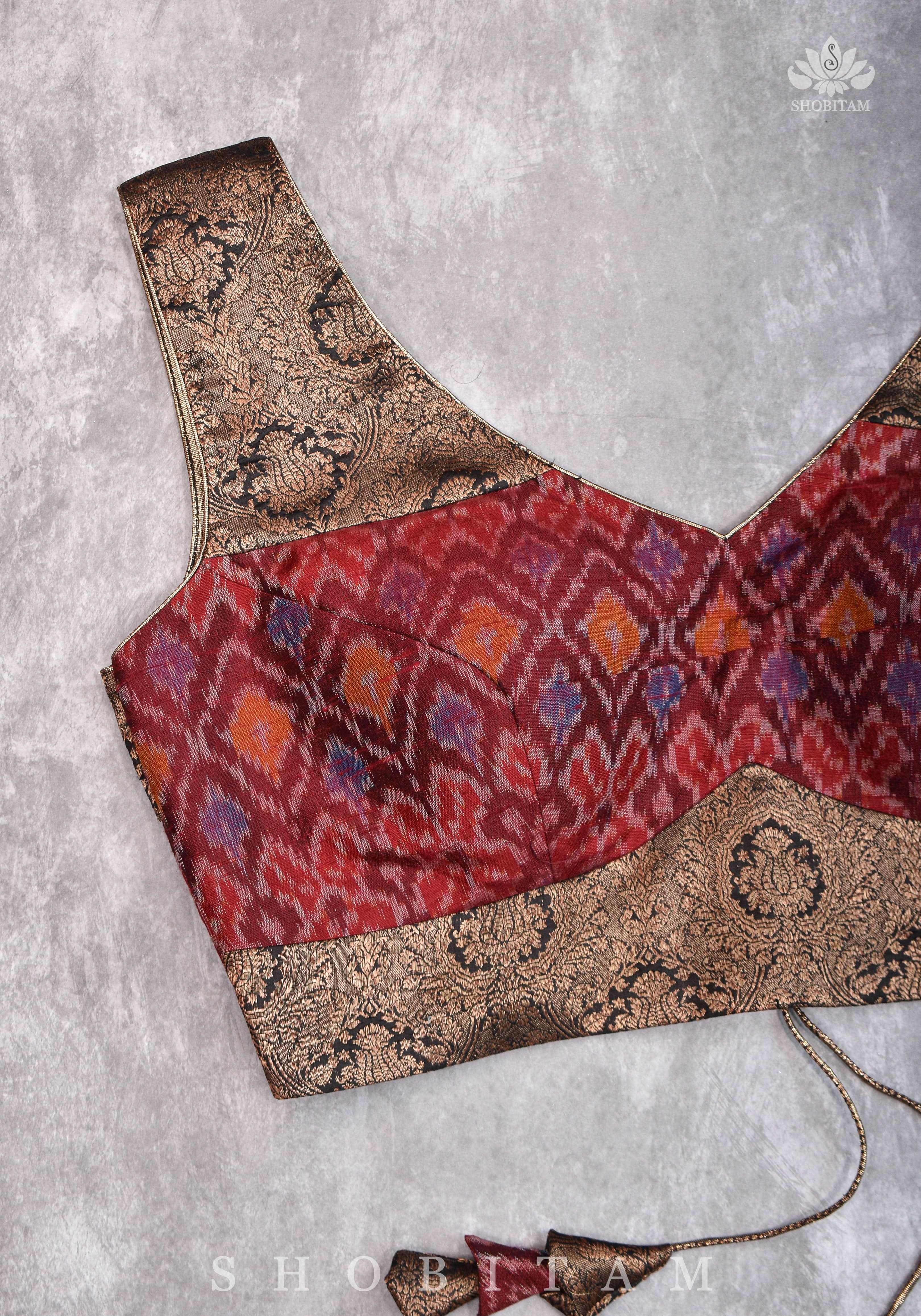 Pure Raw Silk with Ikkat weave and Banarasi pure silk brocade Blouse in maroon and Black | Shobitam