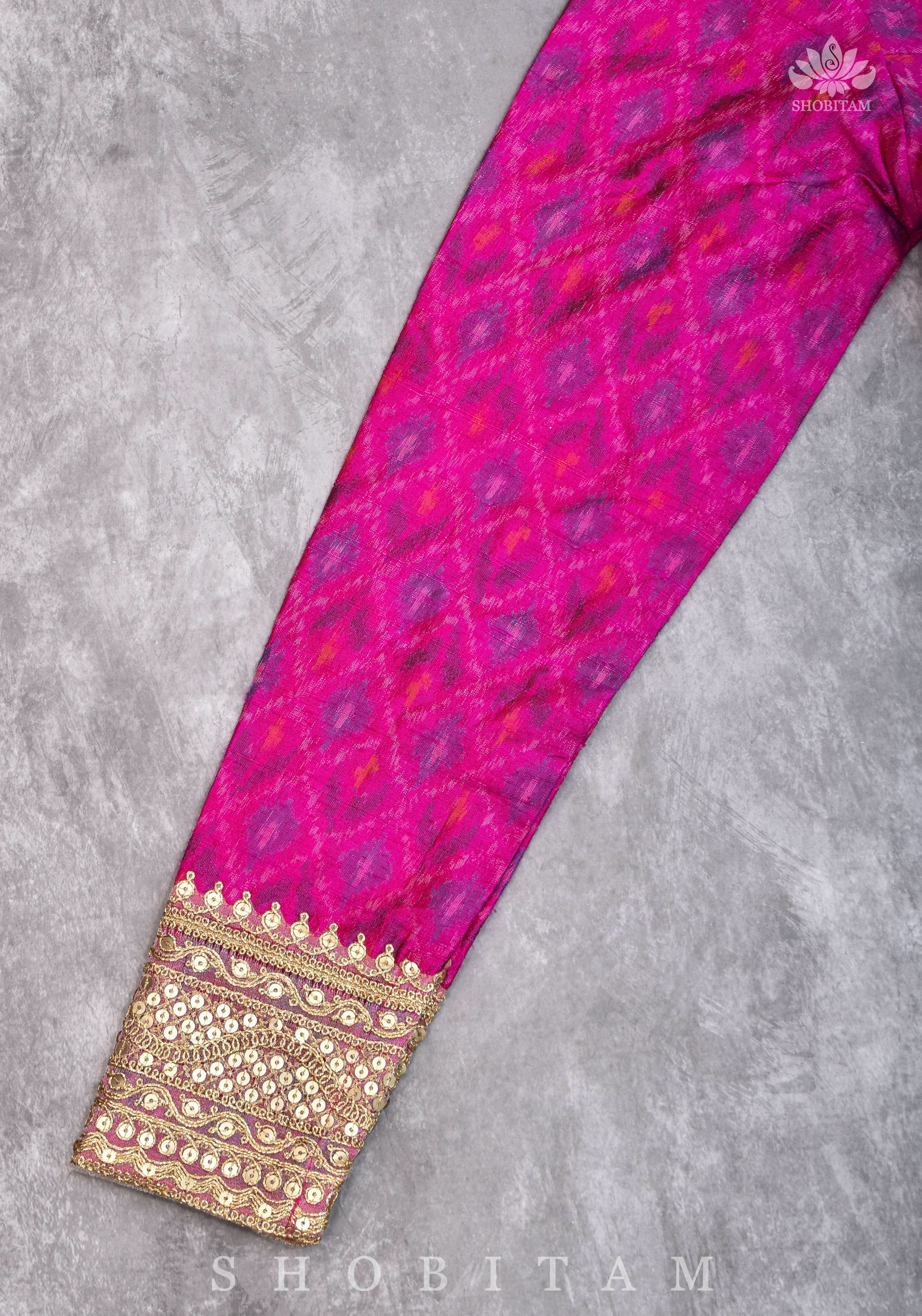 Authentic Ikkat weave on Pure Raw Silk Full Sleeve Blouse with Gotta embellishments | Shobitam