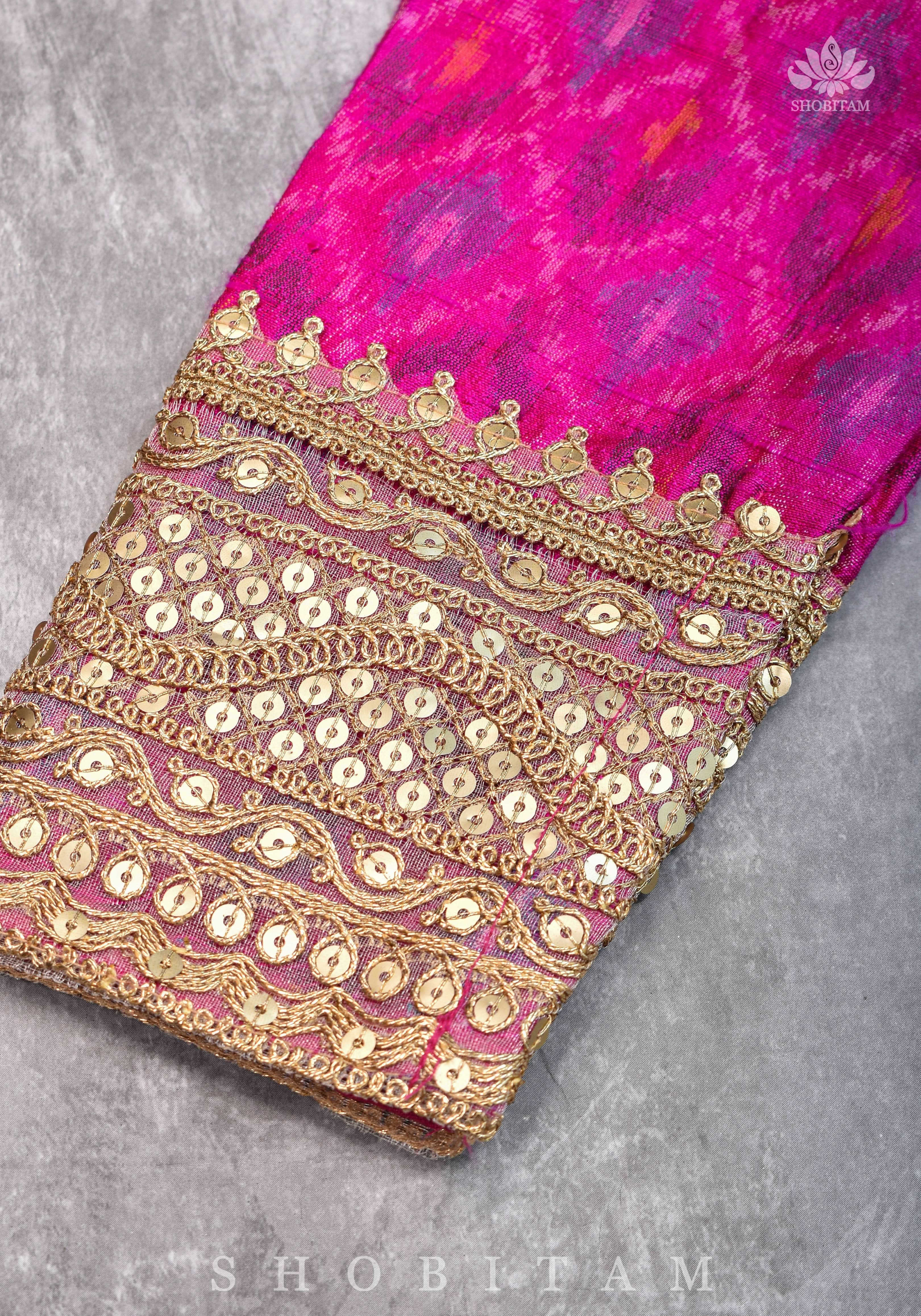 Authentic Ikkat weave on Pure Raw Silk Full Sleeve Blouse with Gotta embellishments | Shobitam