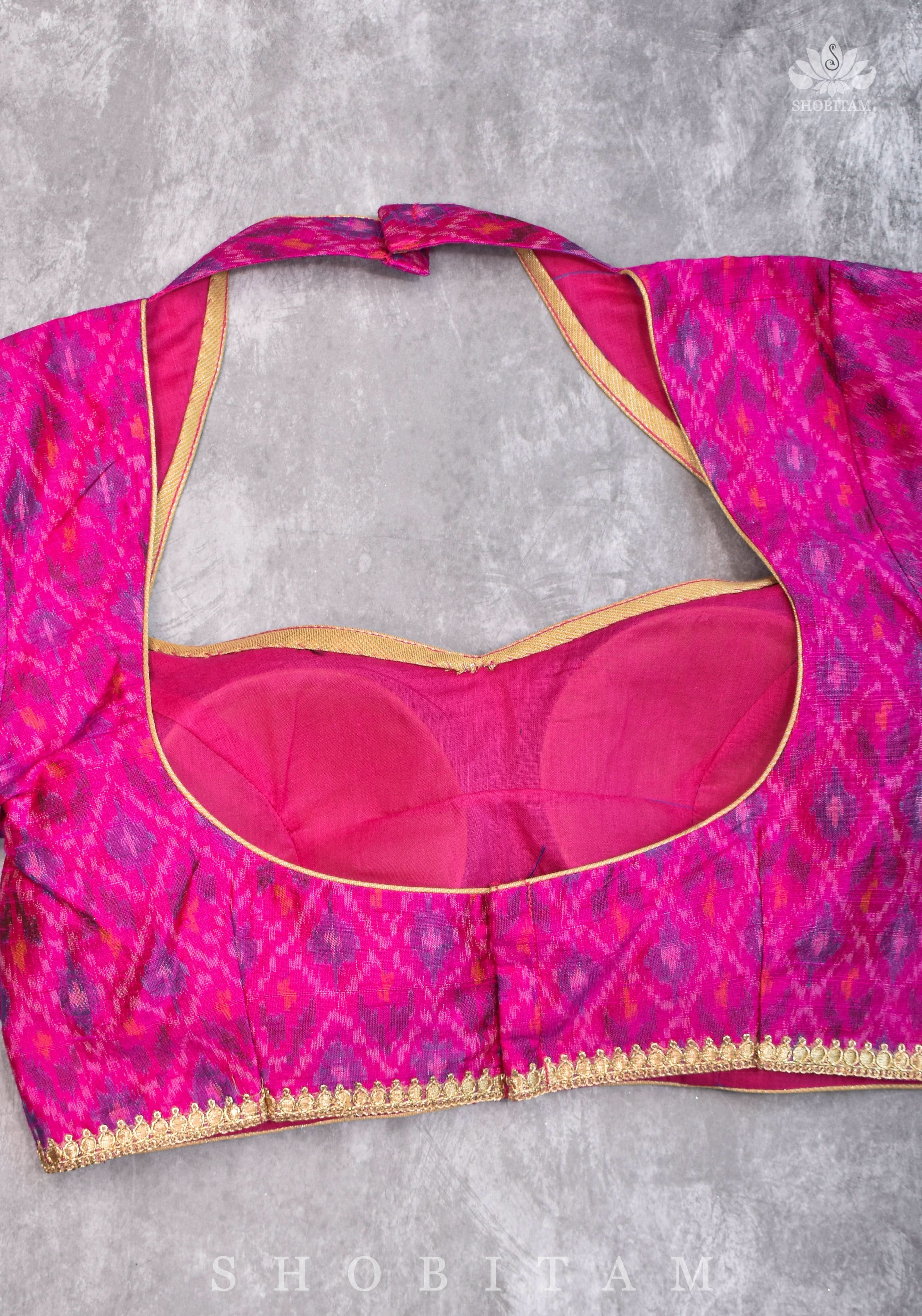 Authentic Ikkat weave on Pure Raw Silk Full Sleeve Blouse with Gotta embellishments | Shobitam