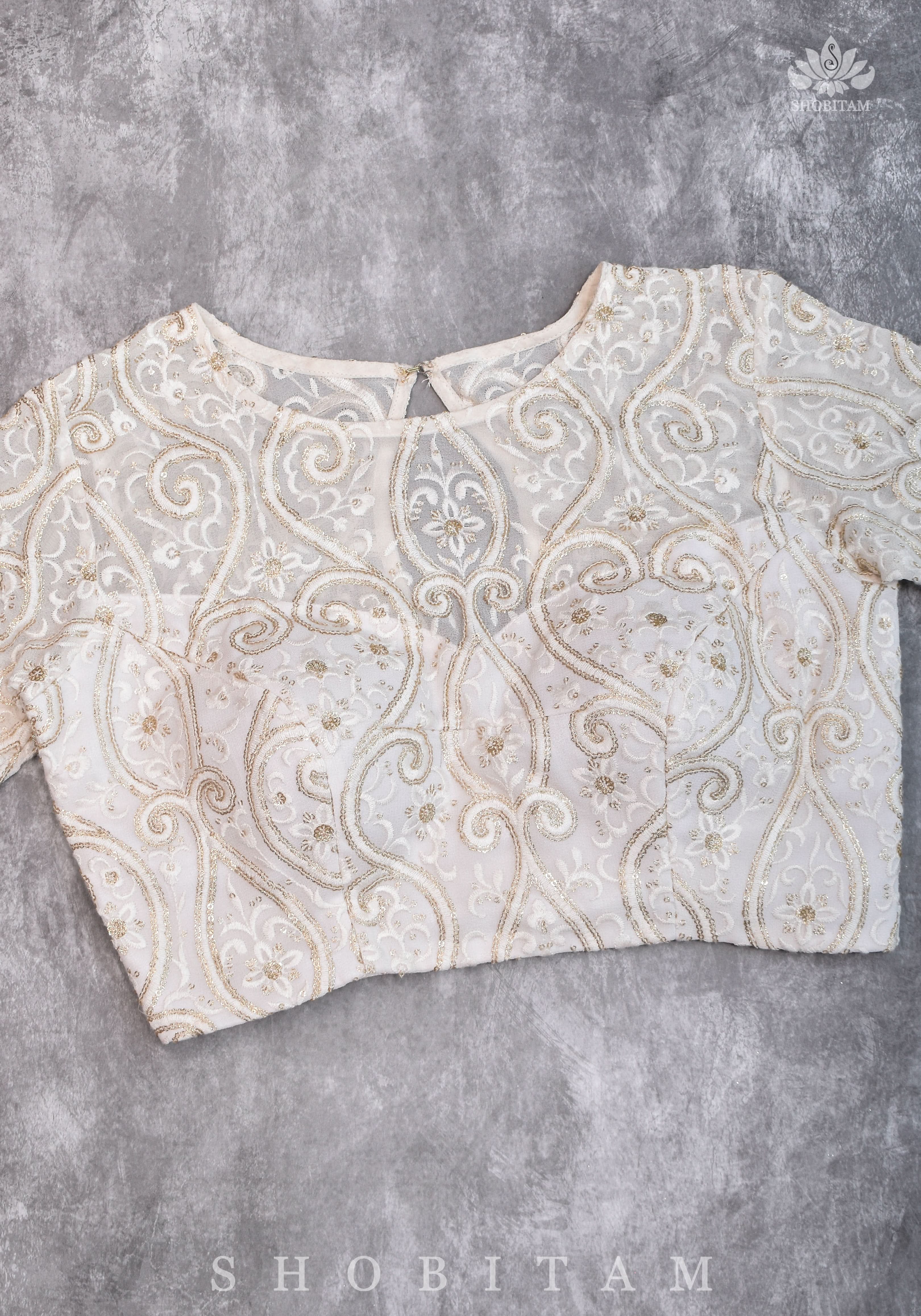 Chikankari style Full Jaal machine embroidered full sleeves blouse in Ivory Georgette with Gold tone highlights | Shobitam