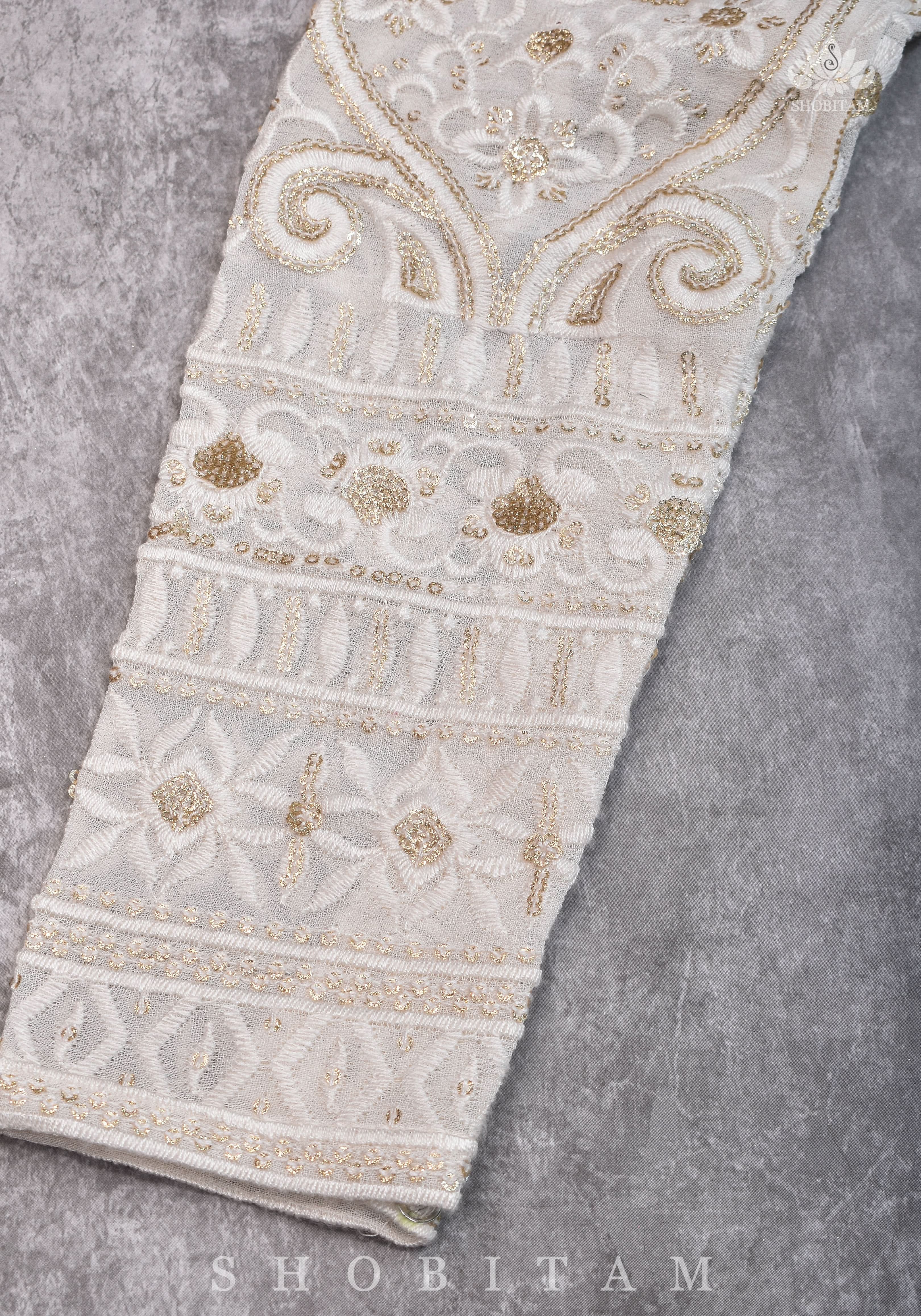 Chikankari style Full Jaal machine embroidered full sleeves blouse in Ivory Georgette with Gold tone highlights | Shobitam