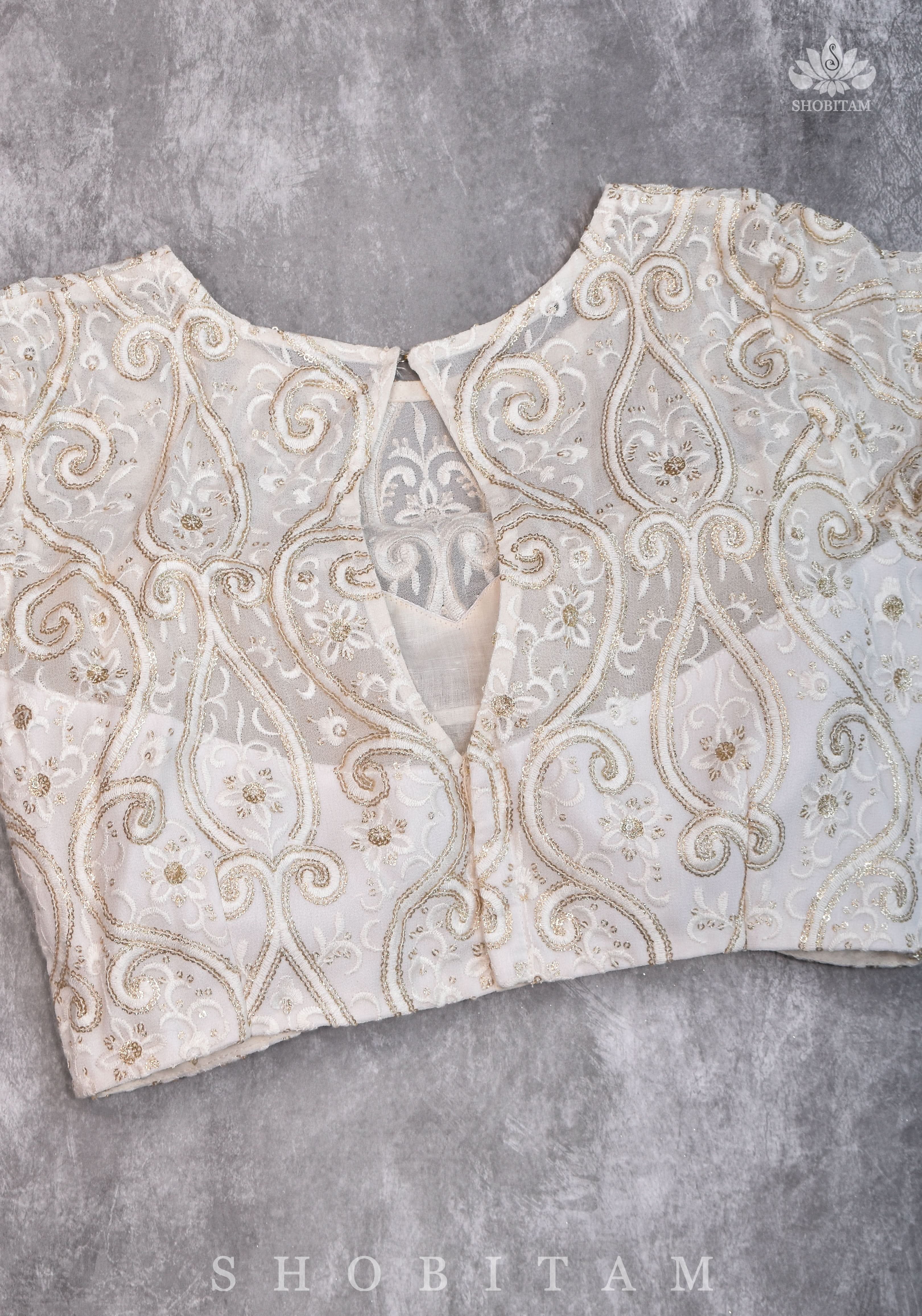 Chikankari style Full Jaal machine embroidered full sleeves blouse in Ivory Georgette with Gold tone highlights | Shobitam