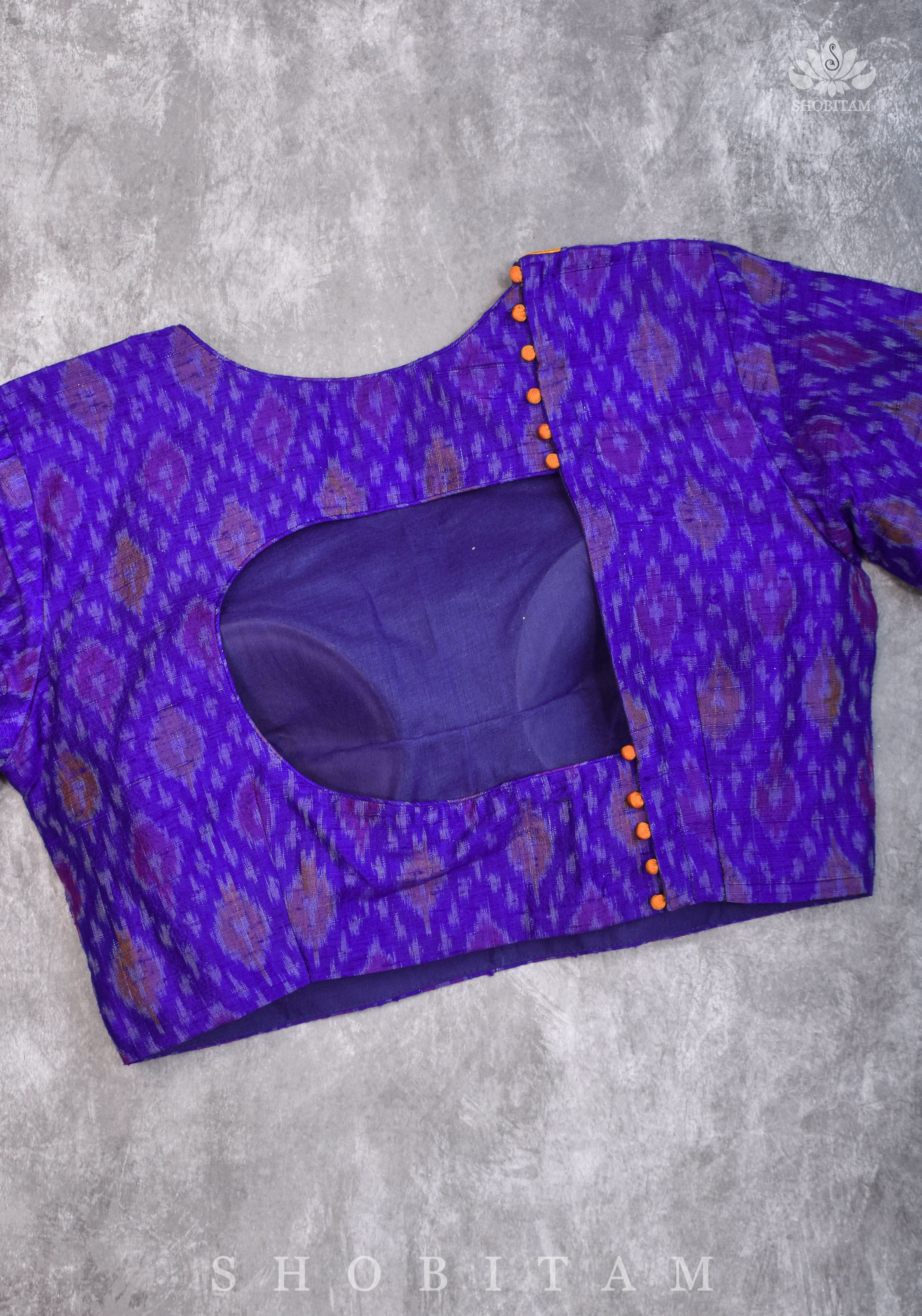 Asymmetric Cutout Pure Silk Ikkat Raw Silk and kanjivaram Silk brocade Fusion Blouse | Shobitam