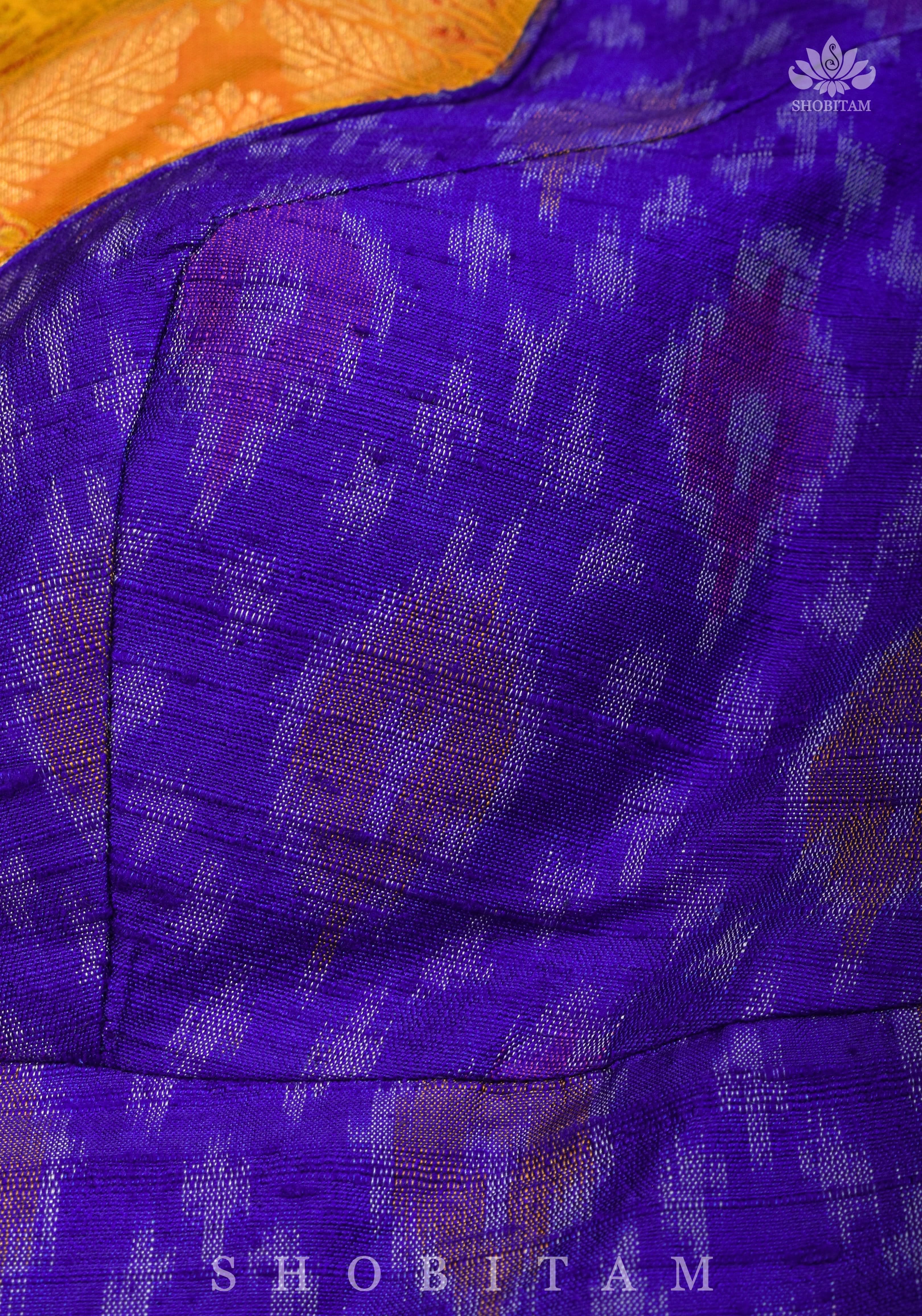 Asymmetric Cutout Pure Silk Ikkat Raw Silk and kanjivaram Silk brocade Fusion Blouse | Shobitam