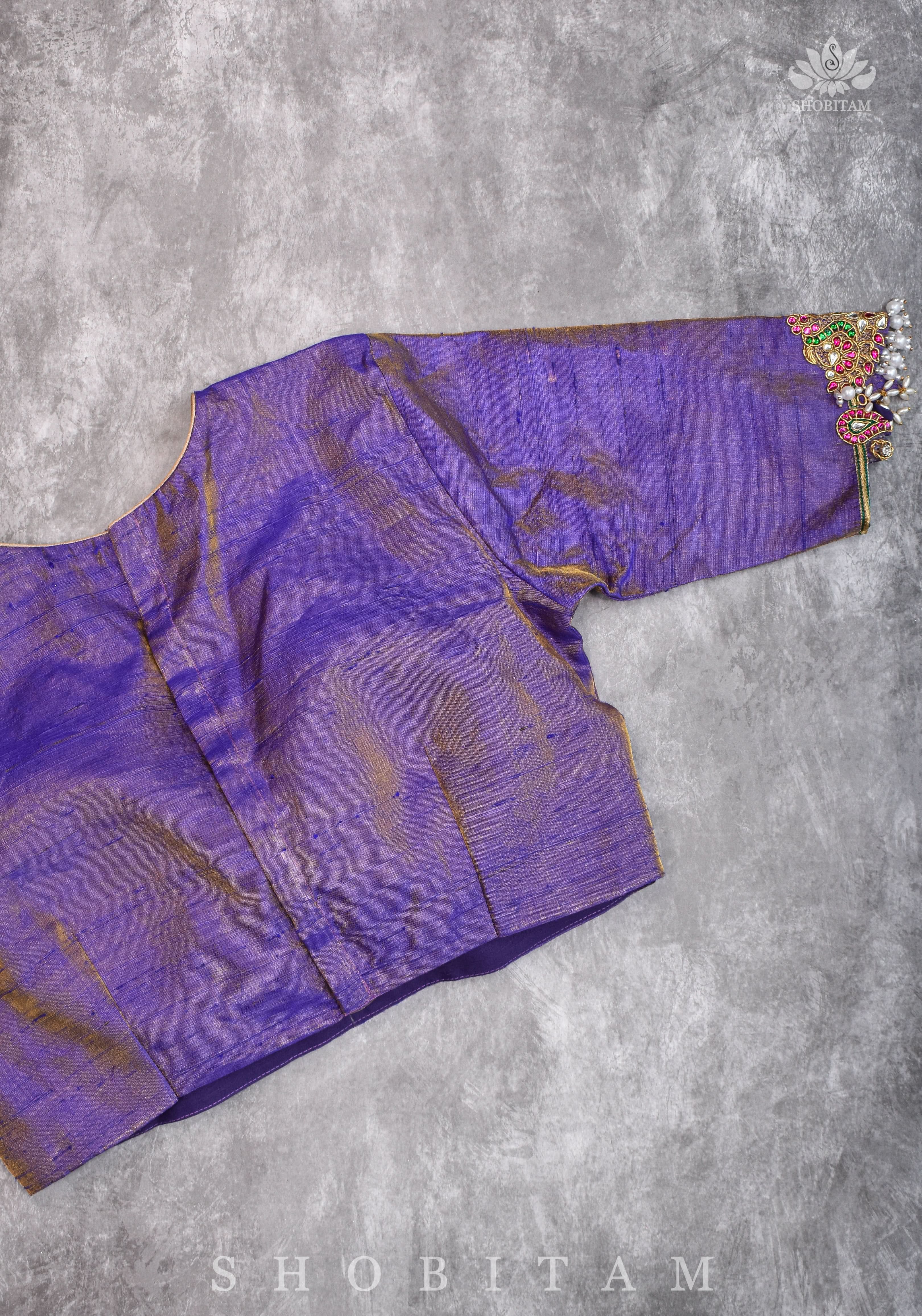 Guttapusalu and bajuband handwork on exotic Pure Tissue Raw Silk Blouse in Lilac | Shobitam