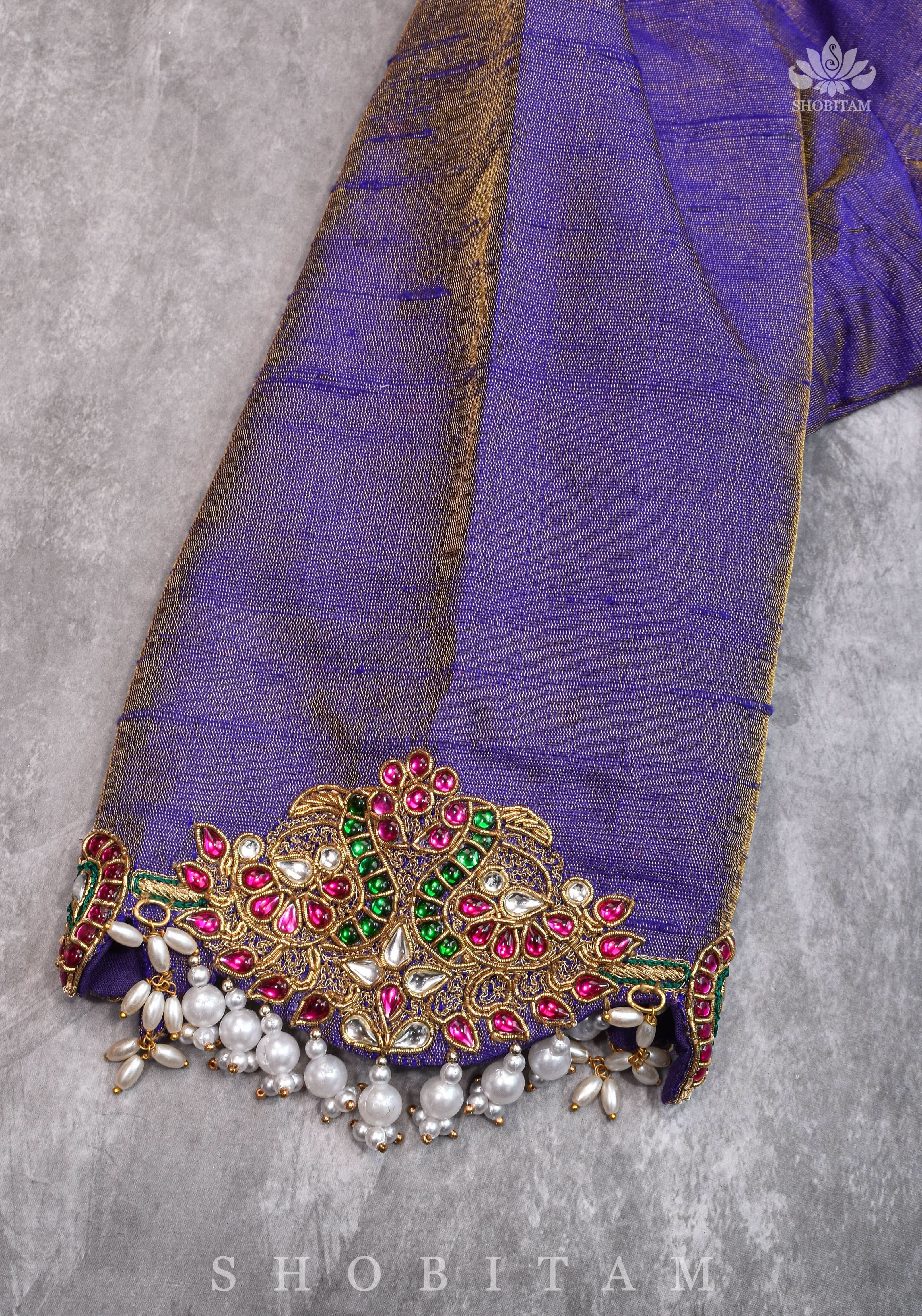 Guttapusalu and bajuband handwork on exotic Pure Tissue Raw Silk Blouse in Lilac | Shobitam