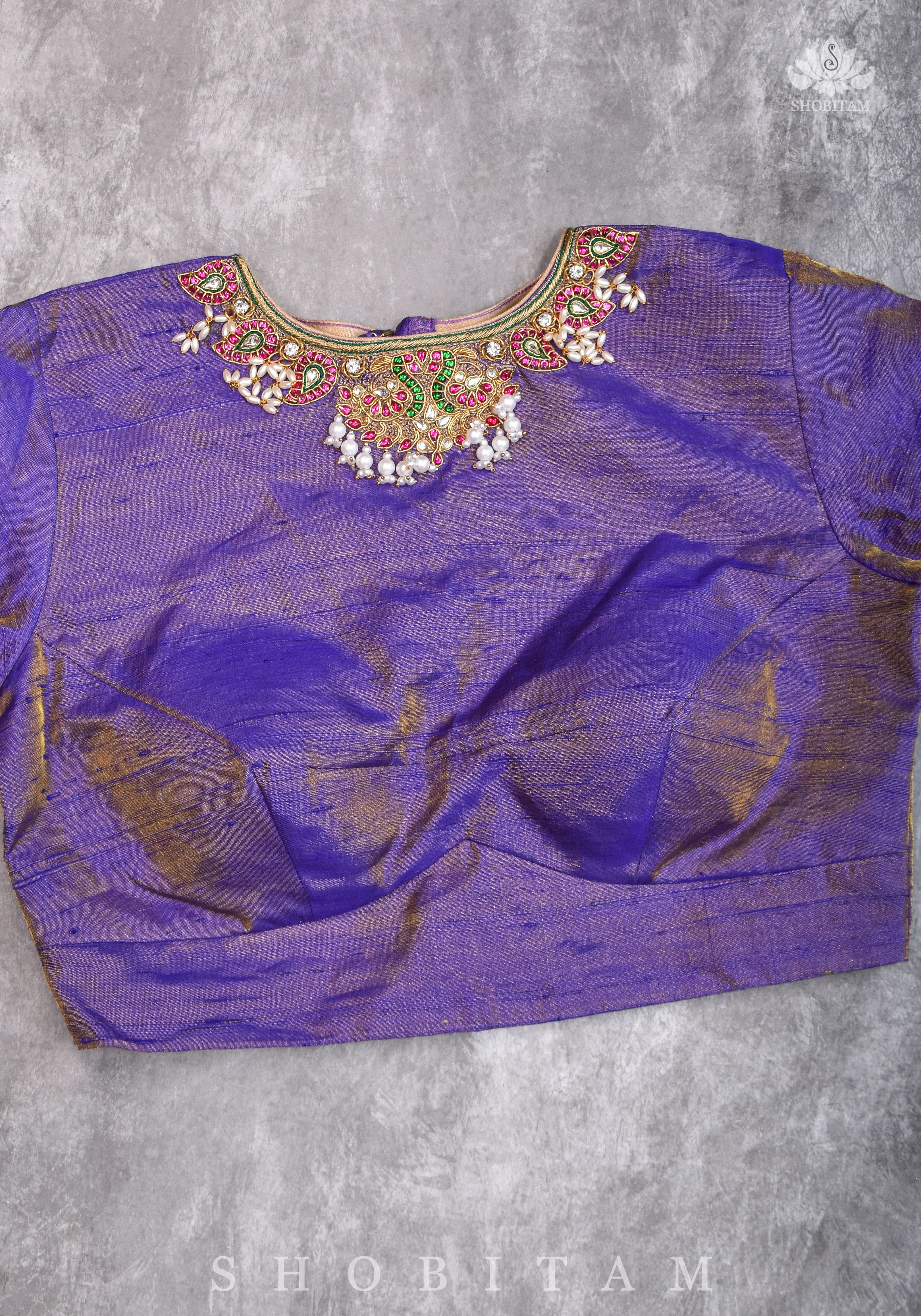 Guttapusalu and bajuband handwork on exotic Pure Tissue Raw Silk Blouse in Lilac | Shobitam