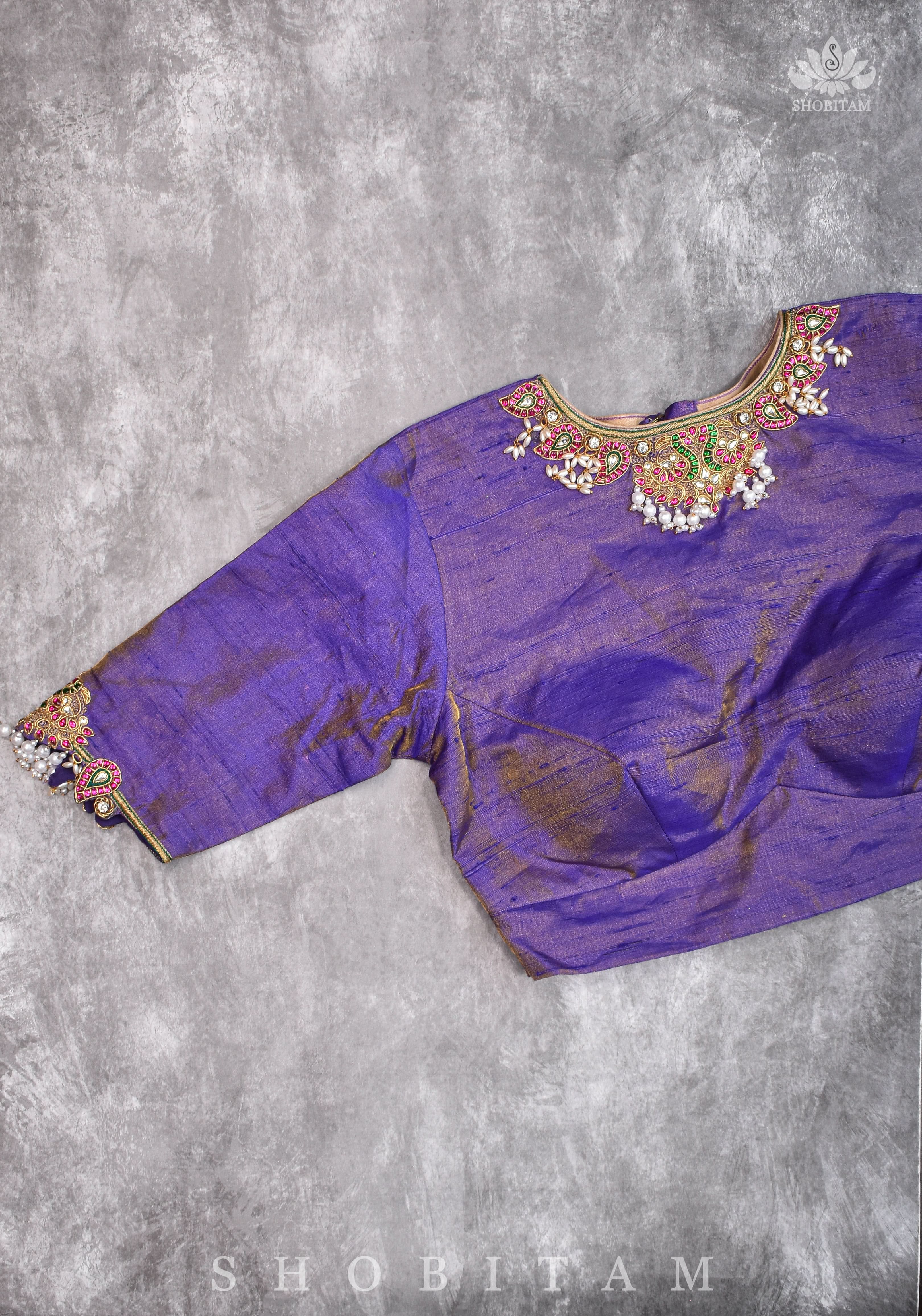 Guttapusalu and bajuband handwork on exotic Pure Tissue Raw Silk Blouse in Lilac | Shobitam