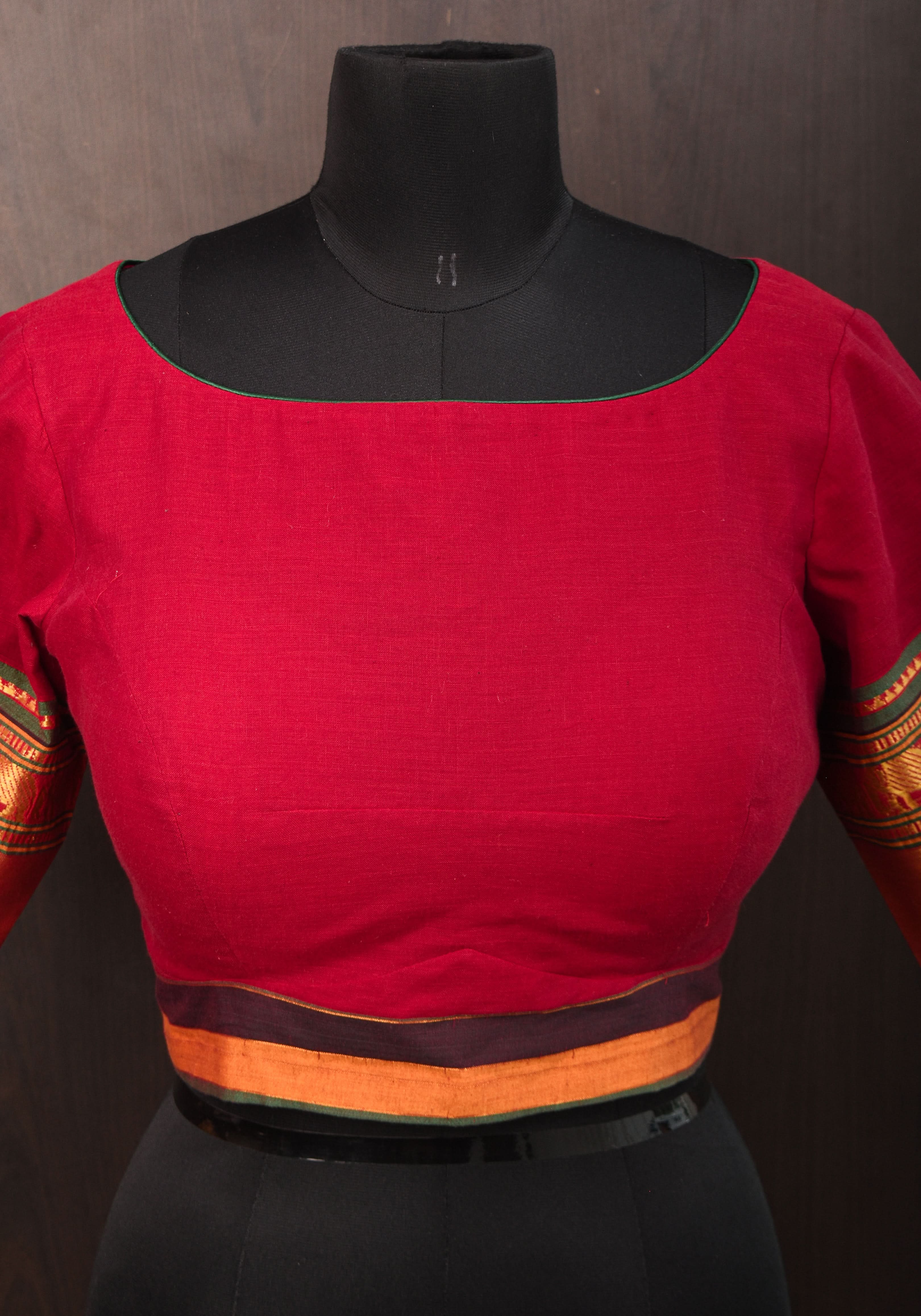 Maroon Narayanpet cotton boatneck blouse with oval cutout and tieback design | Shobitam