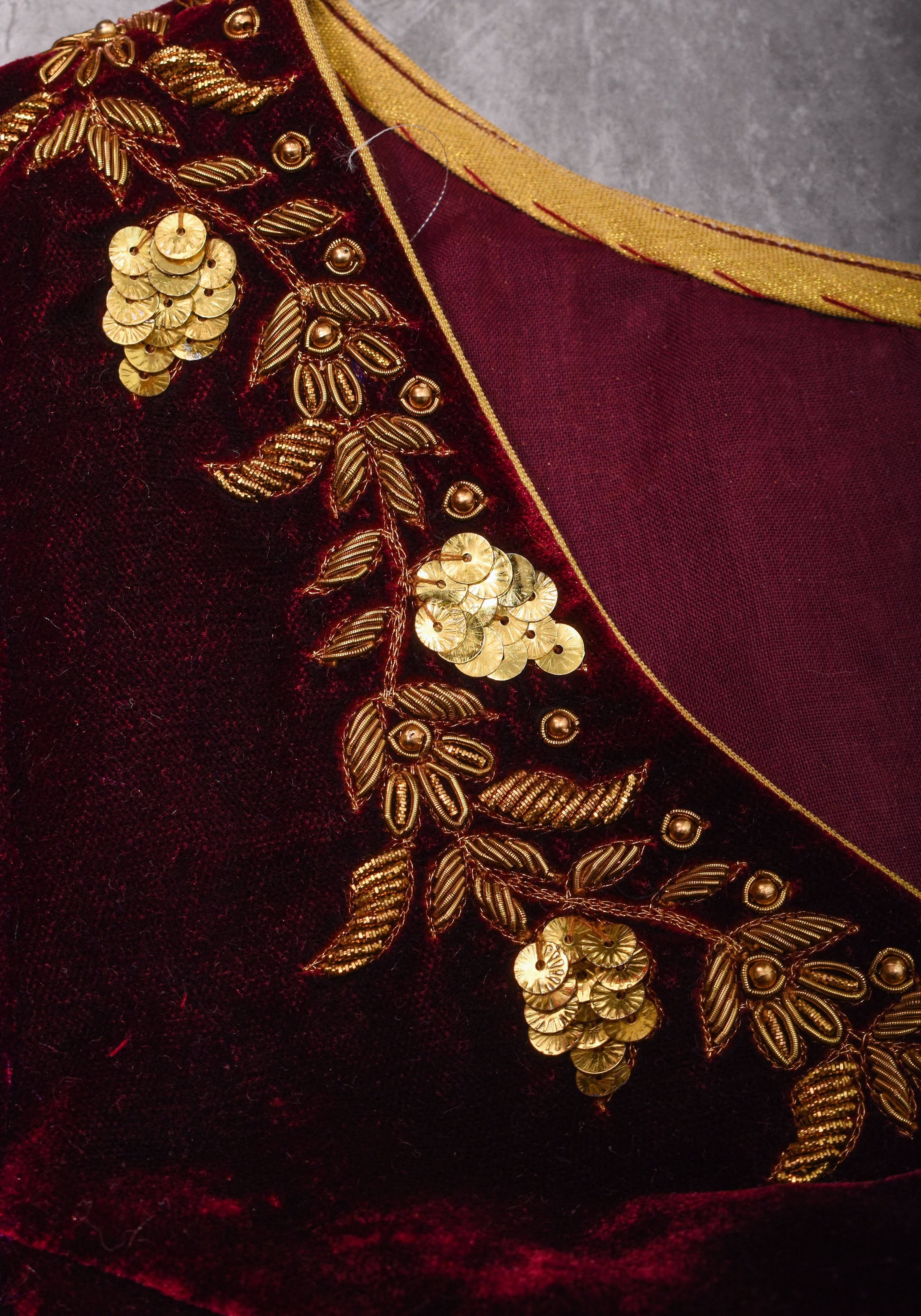 Velvet Blouse in Maroon with Zardosi and Sequin Work | Made to Order | Shobitam