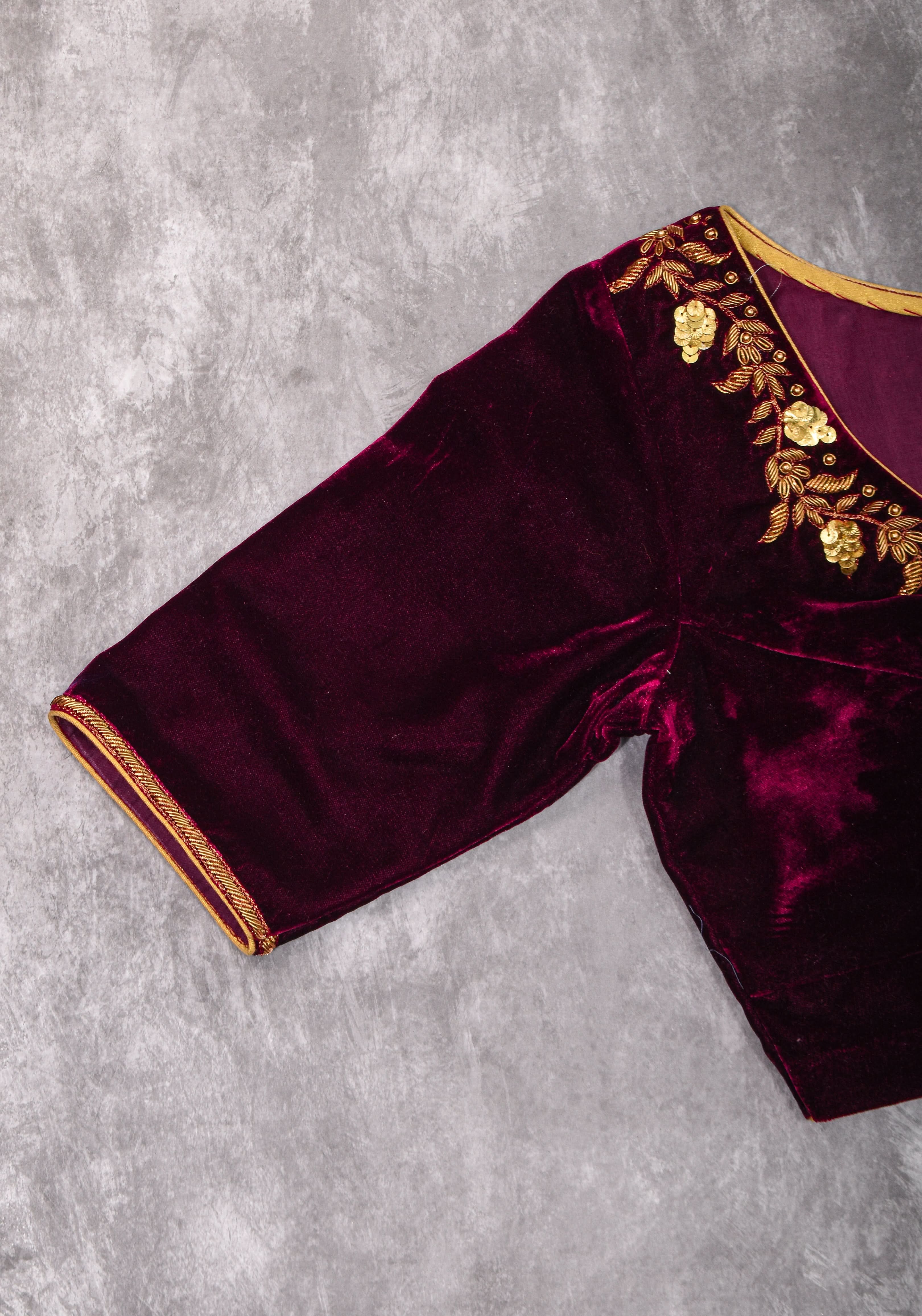 Velvet Blouse in Maroon with Zardosi and Sequin Work | Made to Order | Shobitam