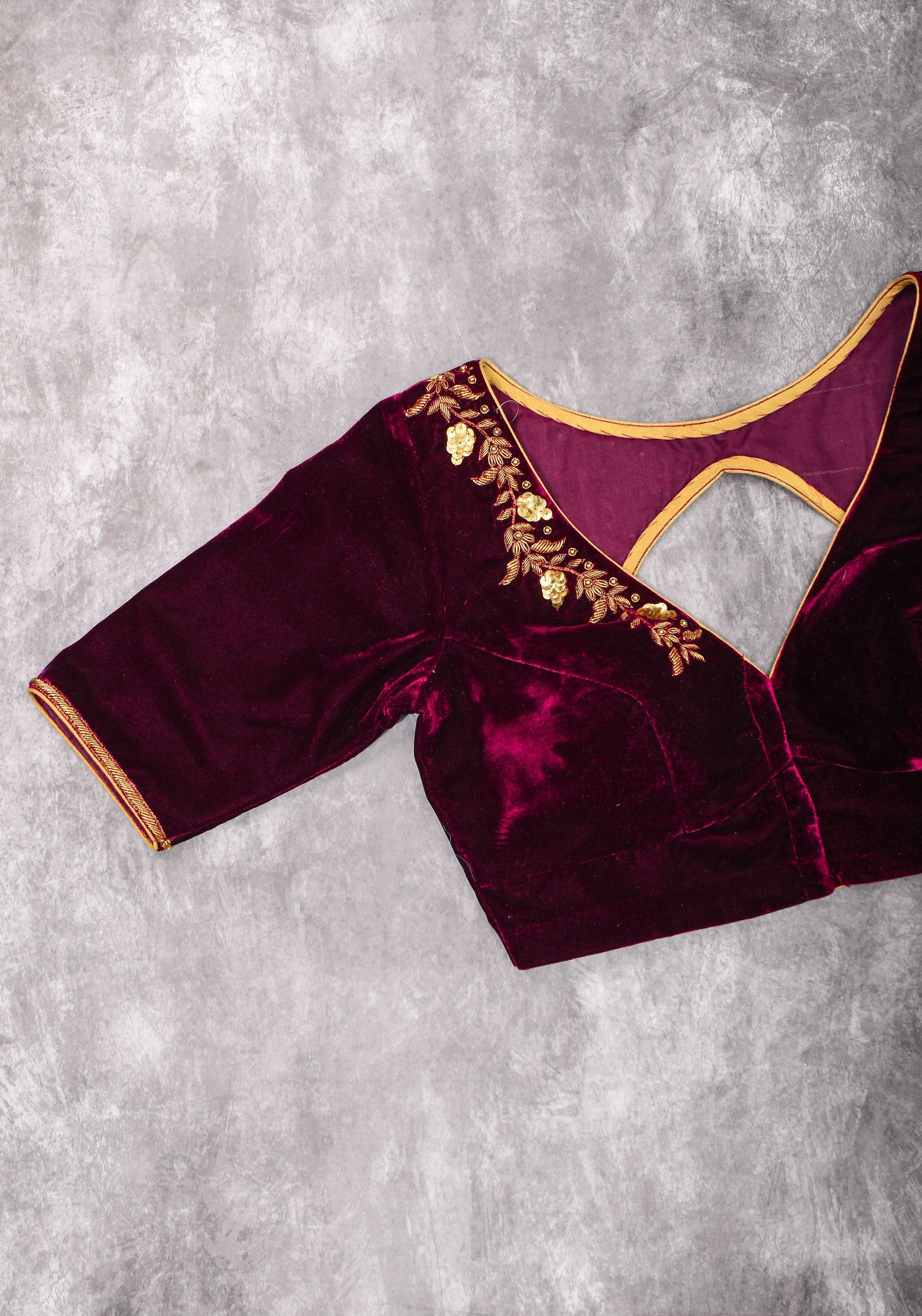 Velvet Blouse in Maroon with Zardosi and Sequin Work | Made to Order | Shobitam