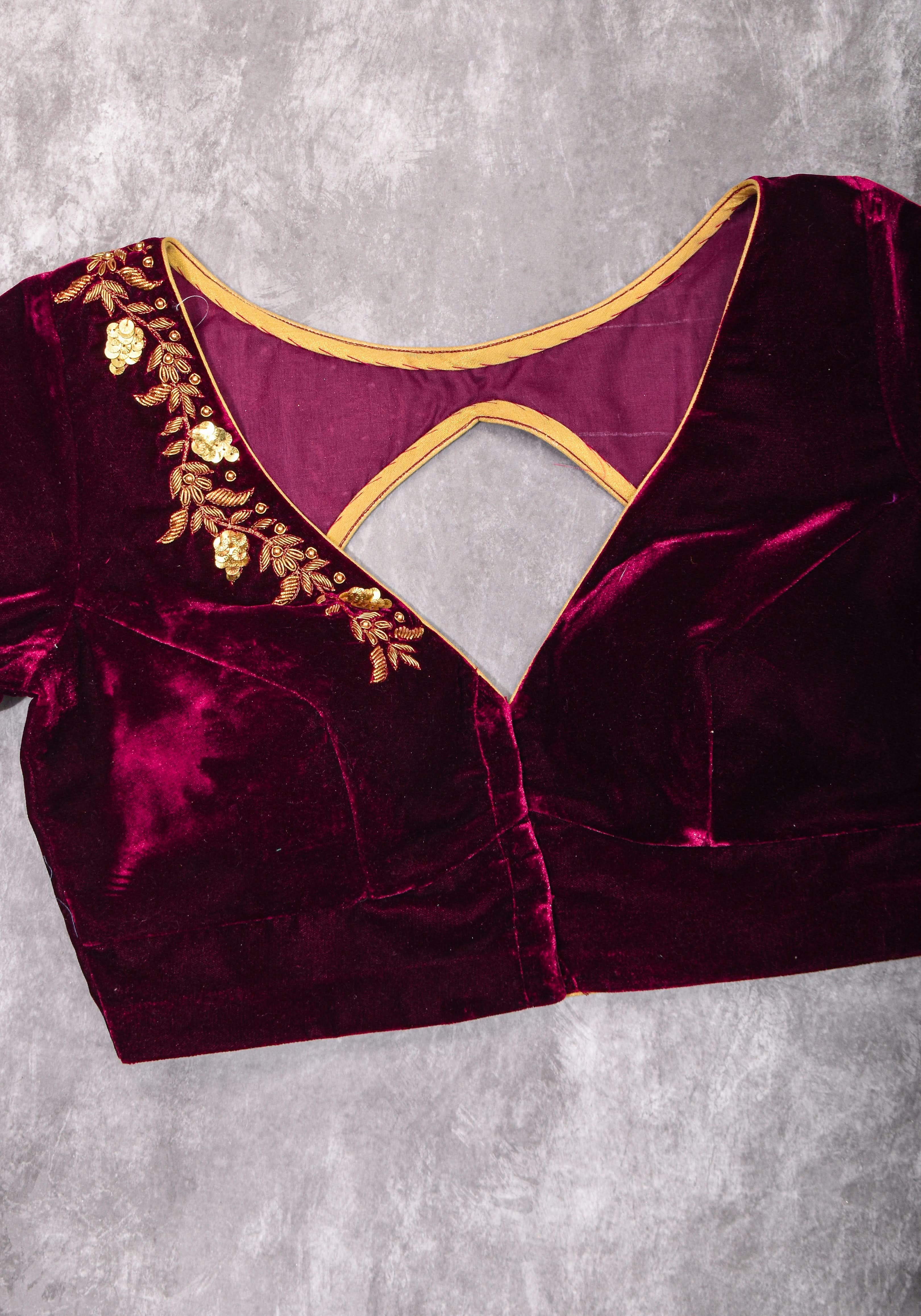 Velvet Blouse in Maroon with Zardosi and Sequin Work | Made to Order | Shobitam