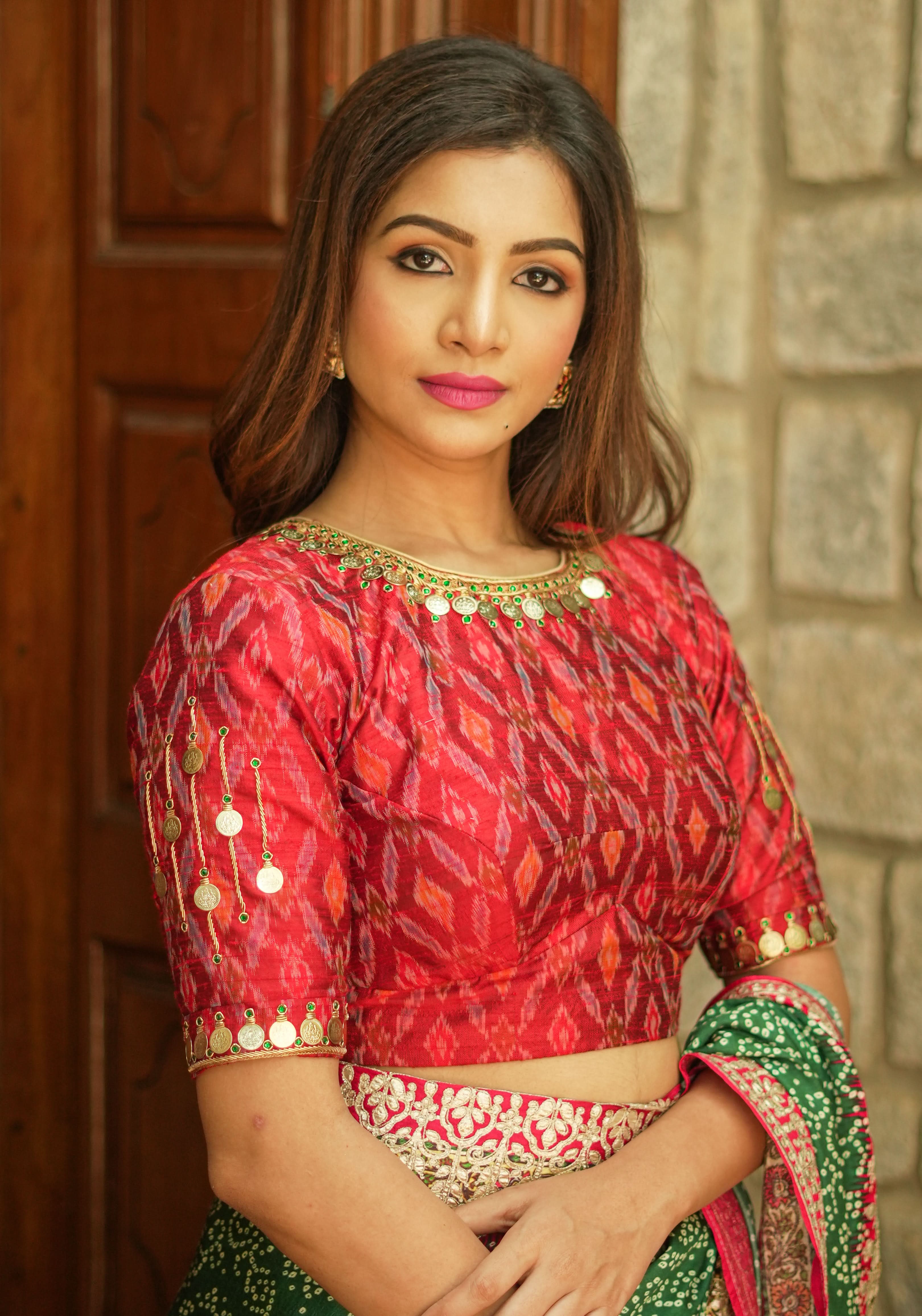 Lakshmi Kaasu Handwork on Woven Ikkat Pure Raw Silk Blouse in Red | Shobitam