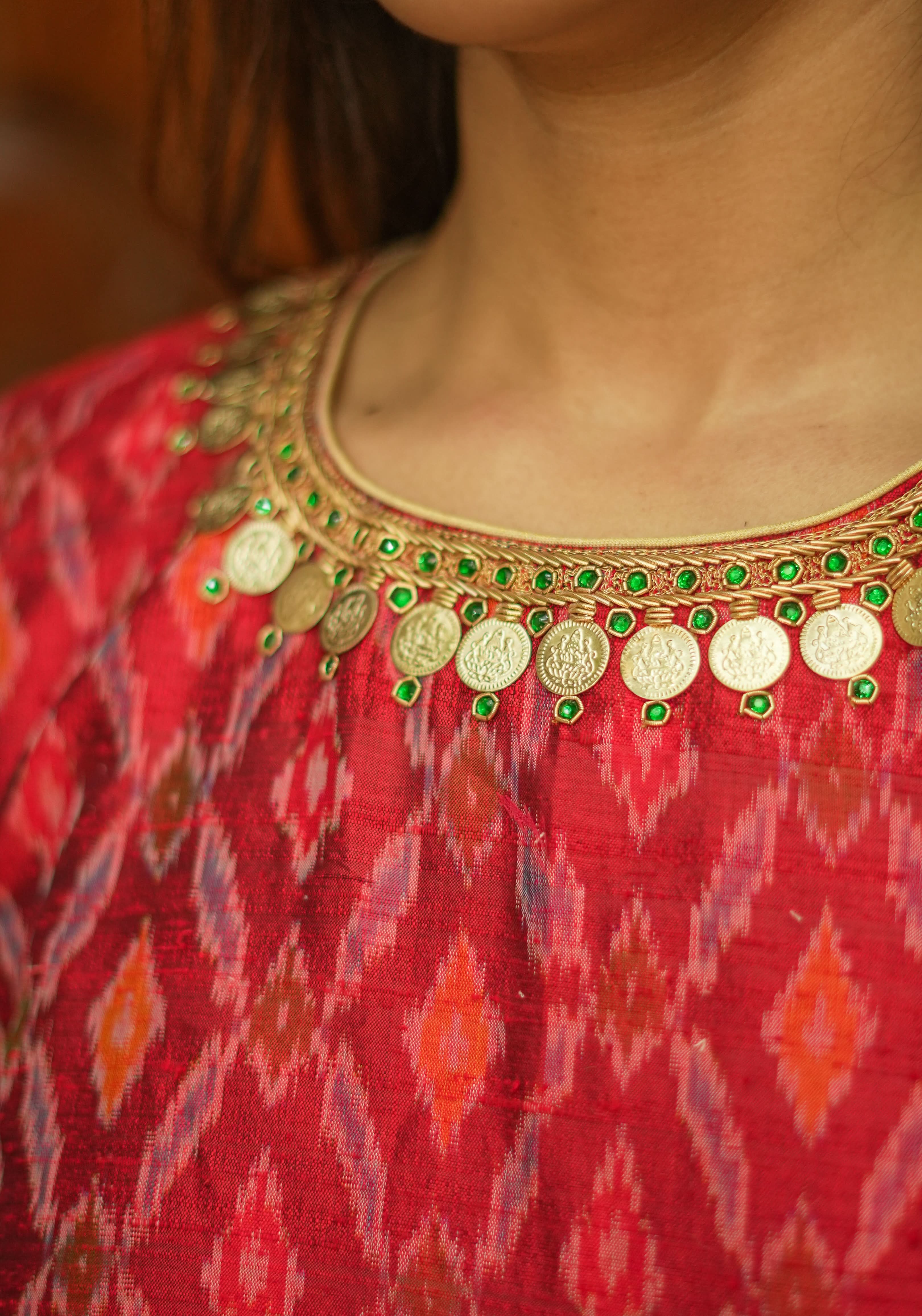 Lakshmi Kaasu Handwork on Woven Ikkat Pure Raw Silk Blouse in Red | Shobitam