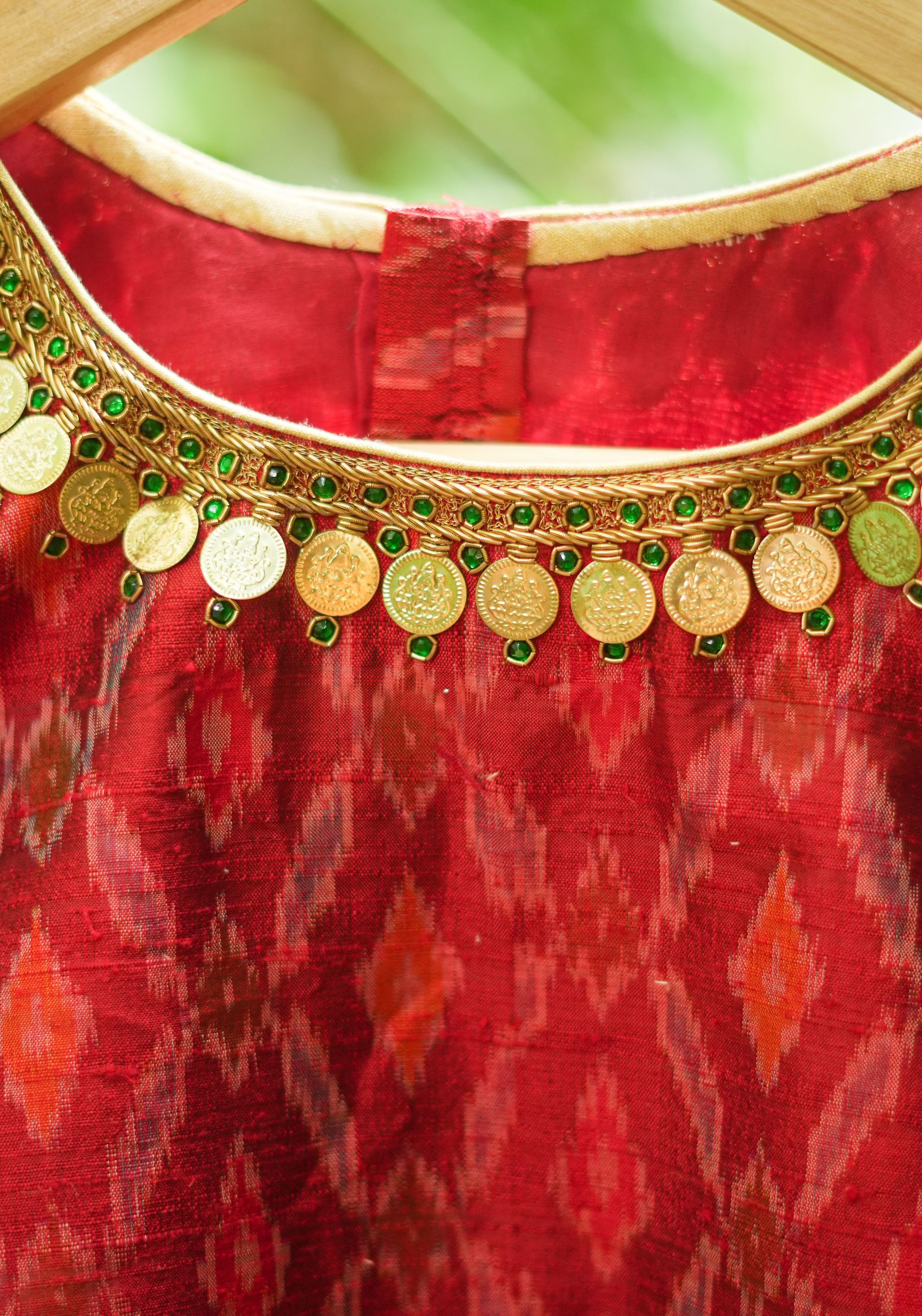 Lakshmi Kaasu Handwork on Woven Ikkat Pure Raw Silk Blouse in Red | Shobitam