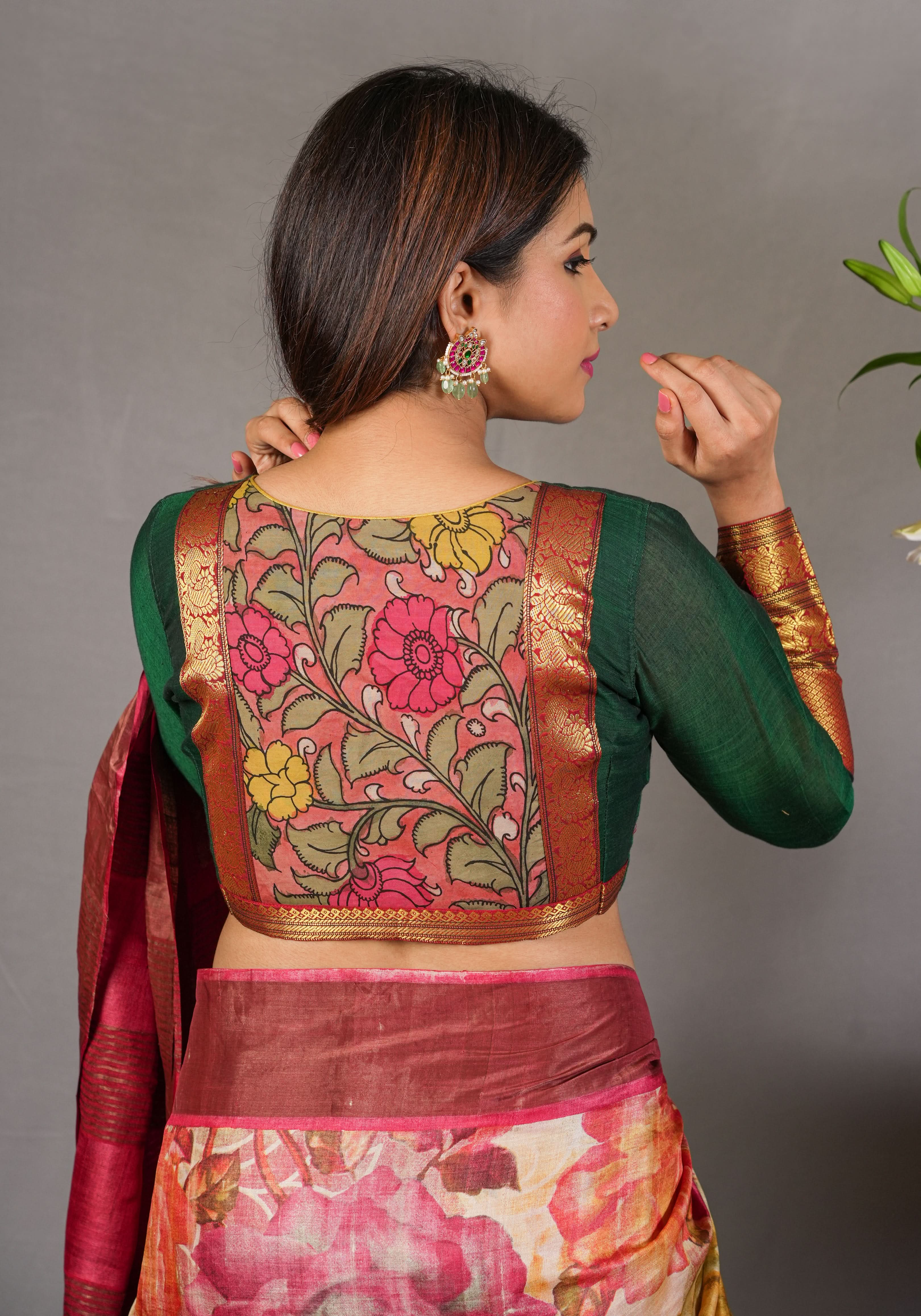 Authentic Pen Kalamkari Applique on full sleeve Narayanpet Cotton Blouse in Emerald Green | Shobitam