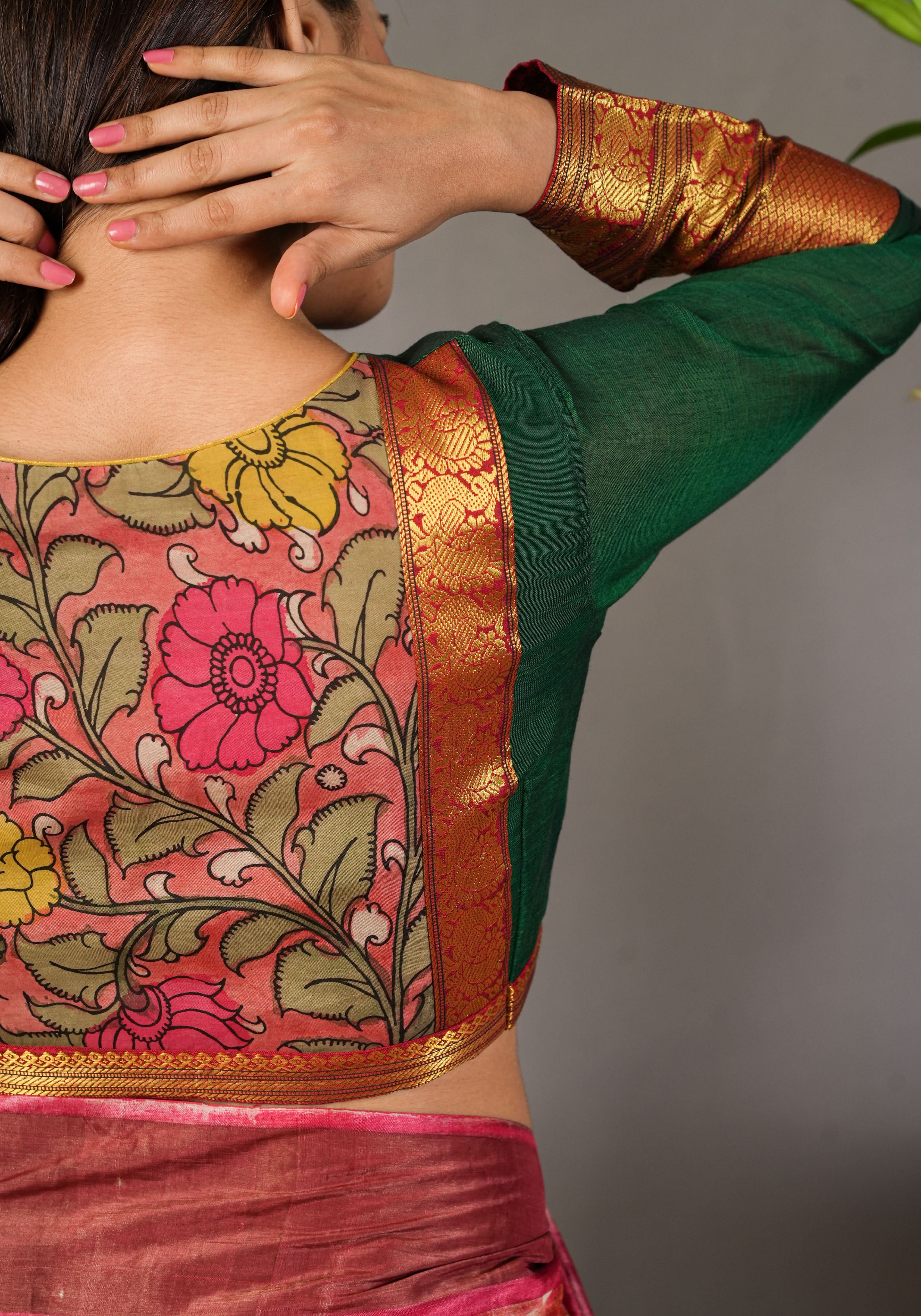 Authentic Pen Kalamkari Applique on full sleeve Narayanpet Cotton Blouse in Emerald Green | Shobitam