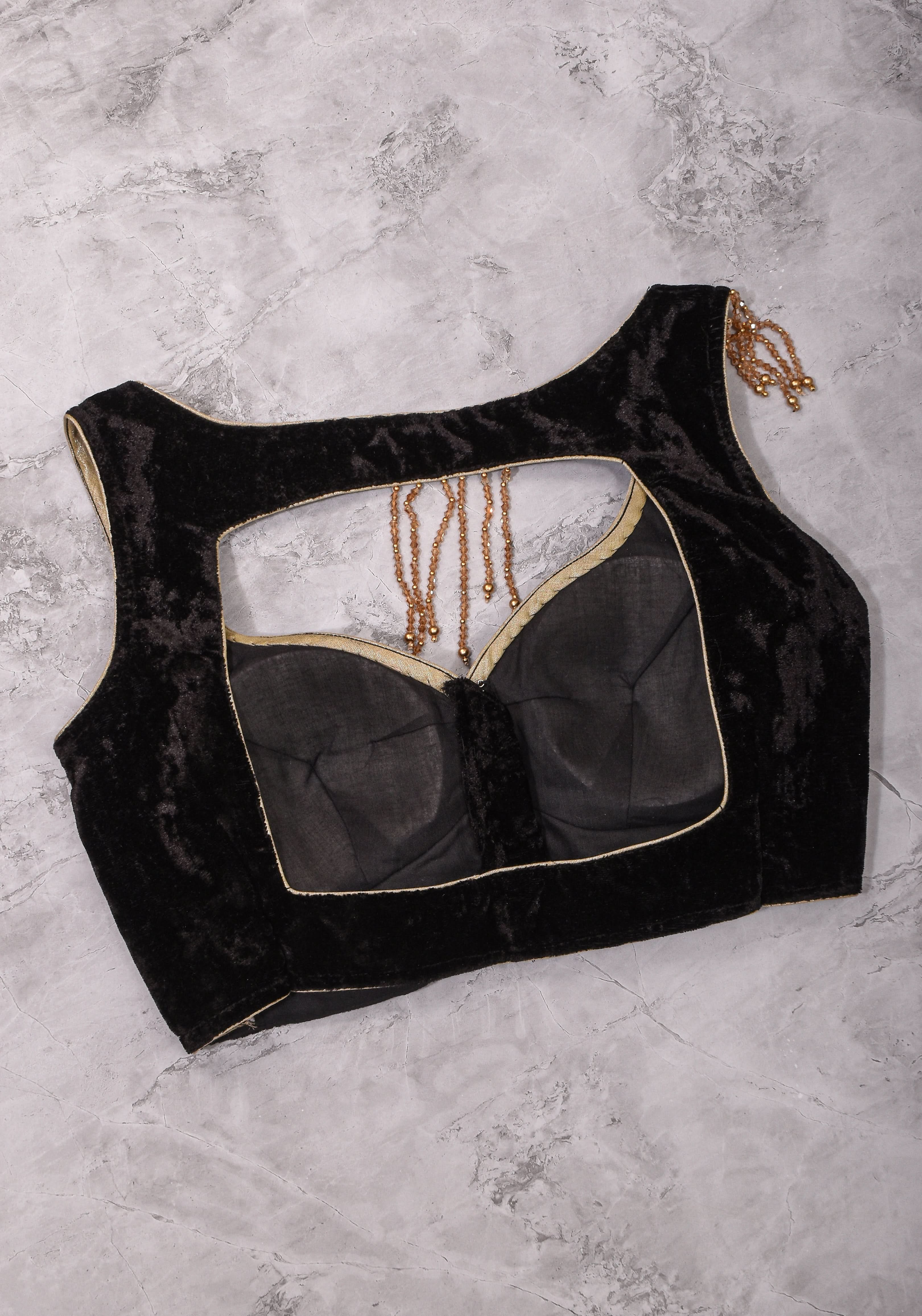 Velvet leaf neck Blouse with crystal beads detailing in black | Shobitam