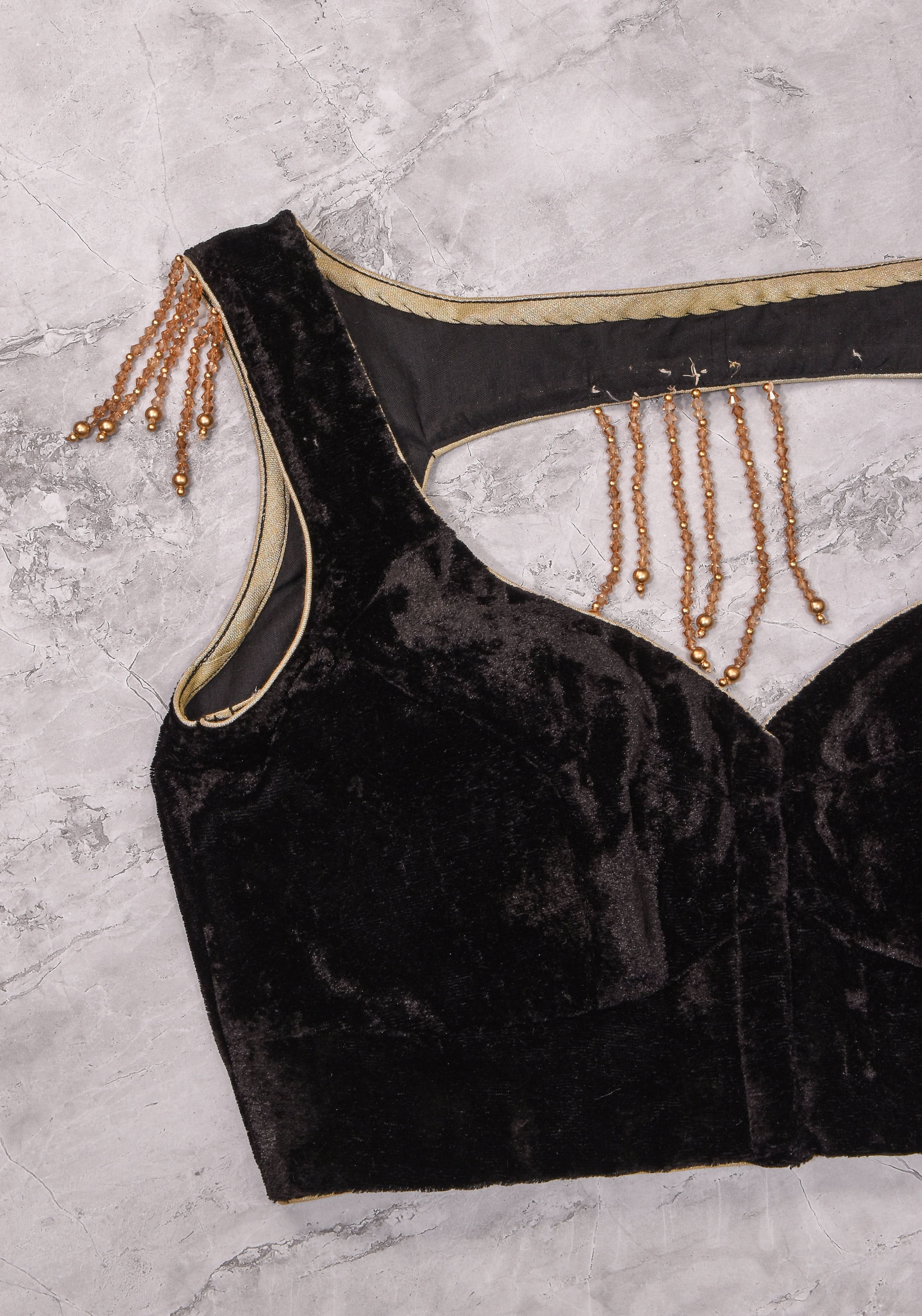 Velvet leaf neck Blouse with crystal beads detailing in black | Shobitam