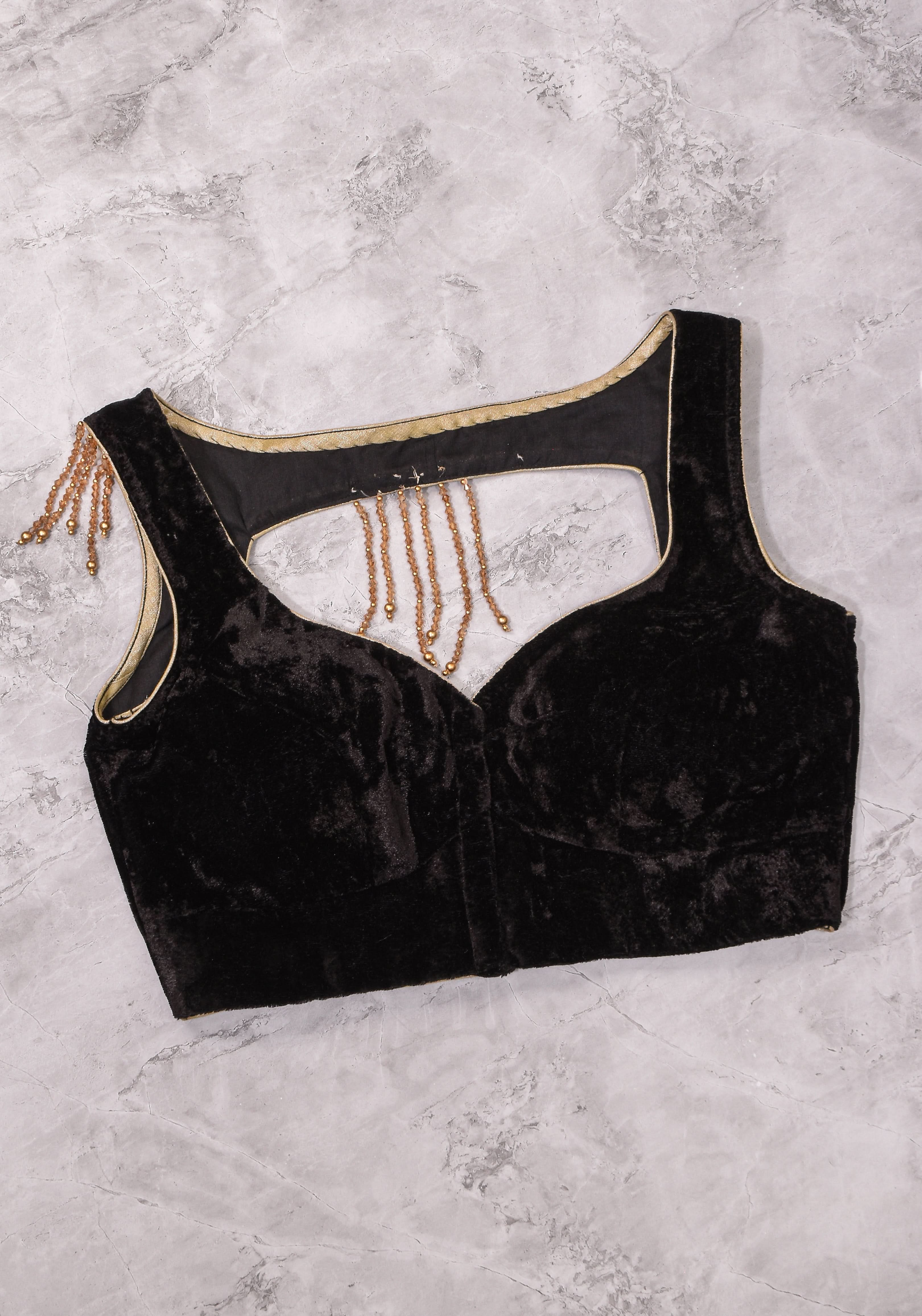 Velvet leaf neck Blouse with crystal beads detailing in black | Shobitam