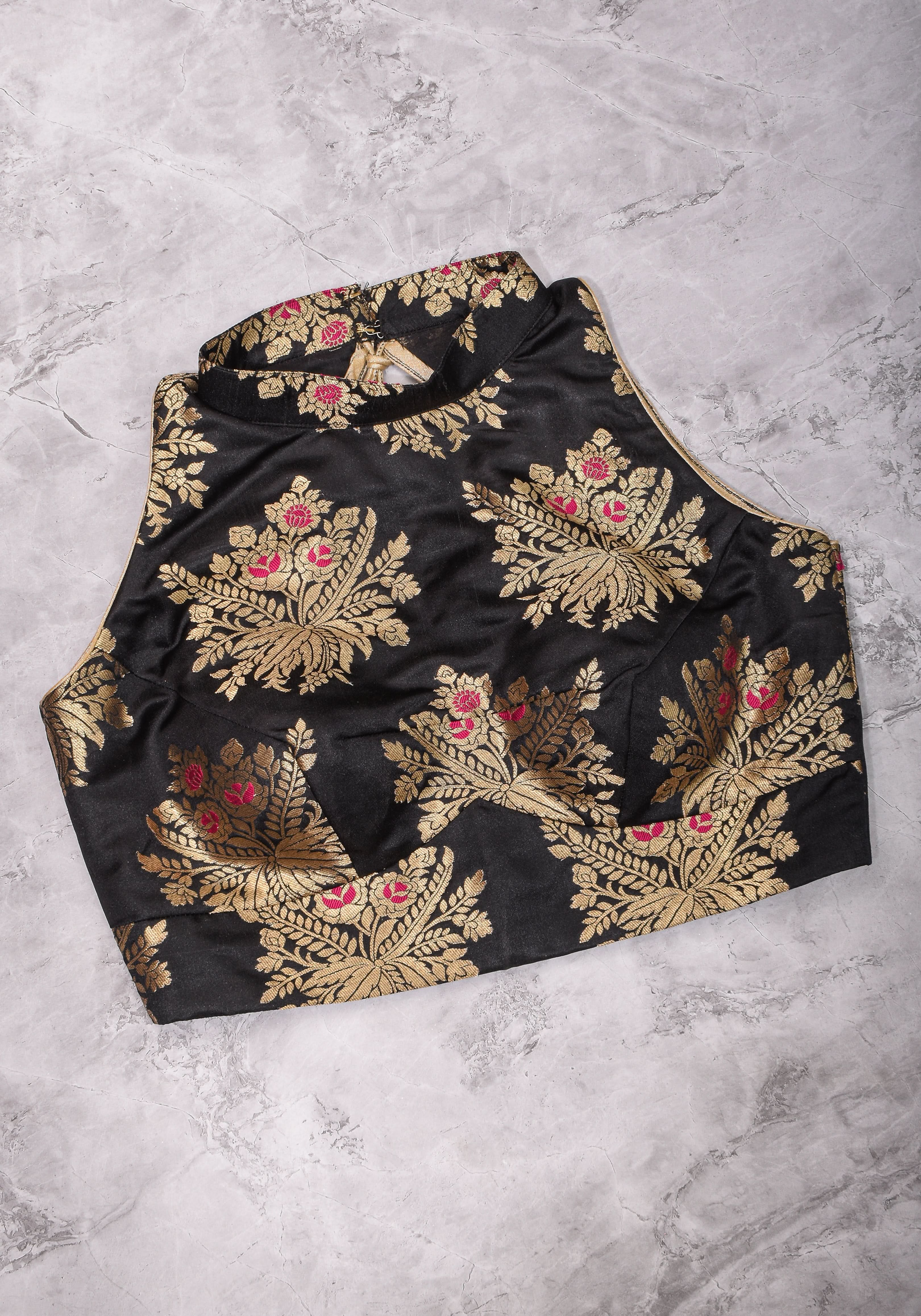 Black Meenakari halter neck mix and match blouse for saree, Made to Order | Shobitam
