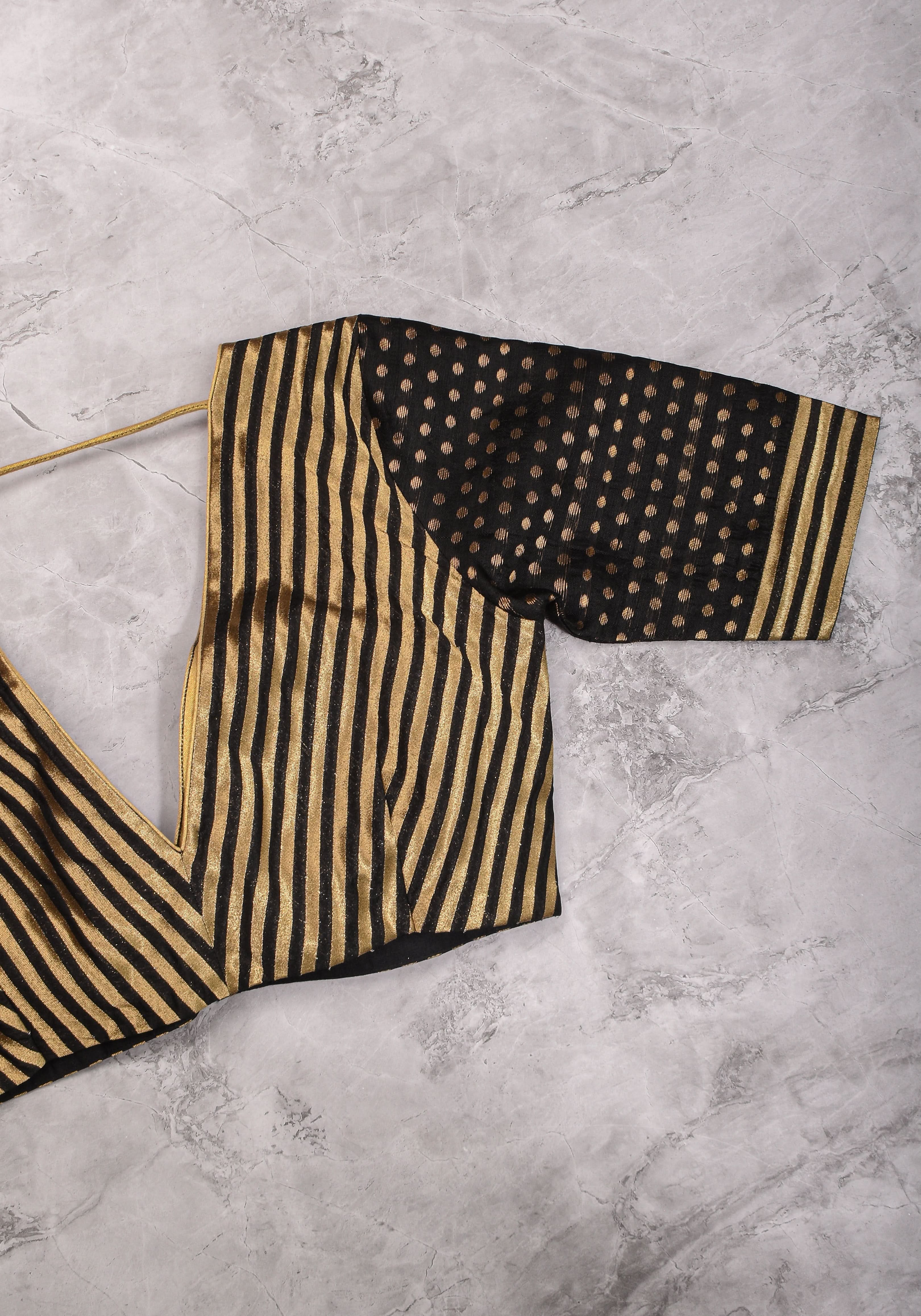 Black and gold stripes and buttas plunge neck mix and match blouse for saree, Made to Order | Shobitam