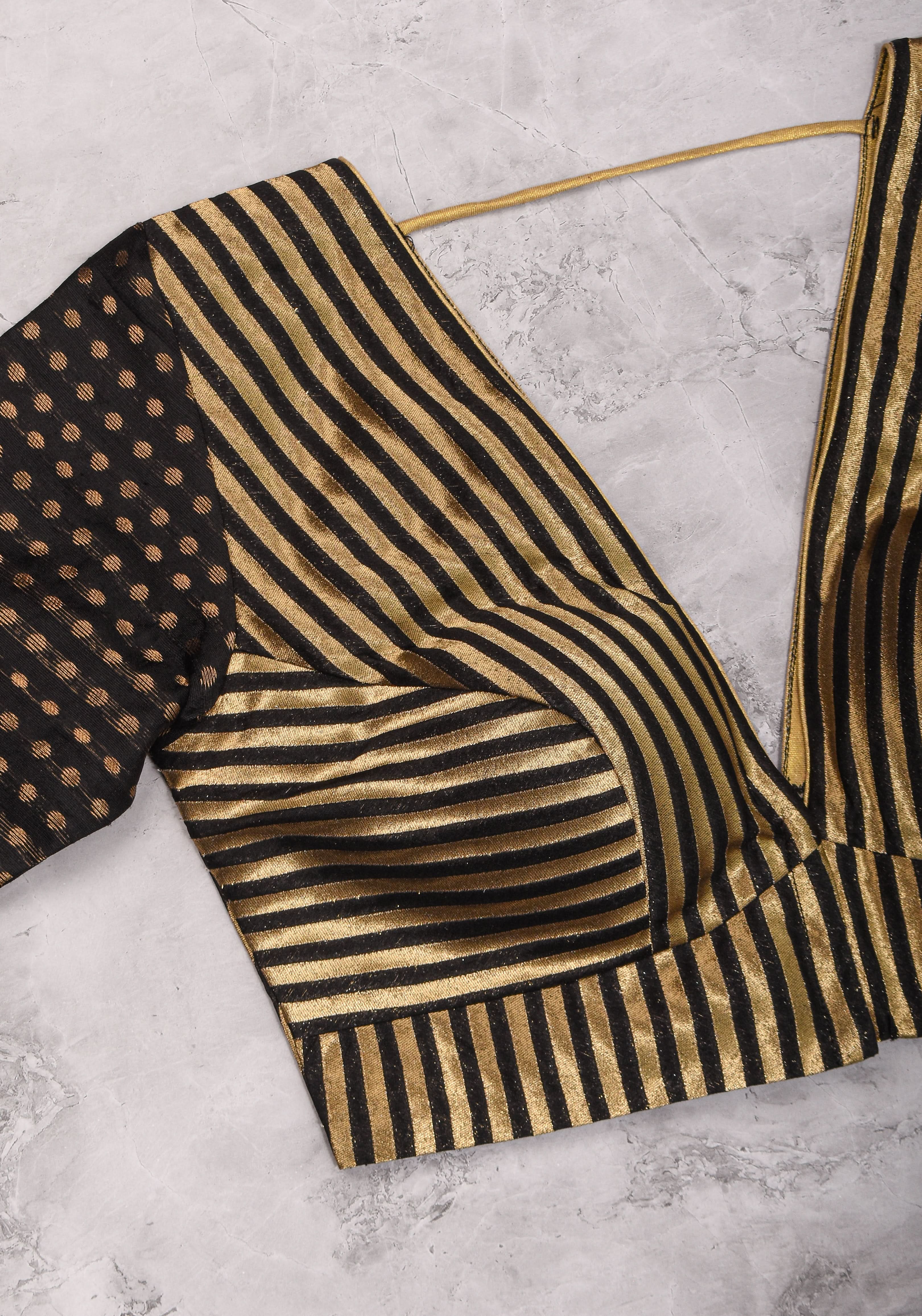 Black and gold stripes and buttas plunge neck mix and match blouse for saree, Made to Order | Shobitam