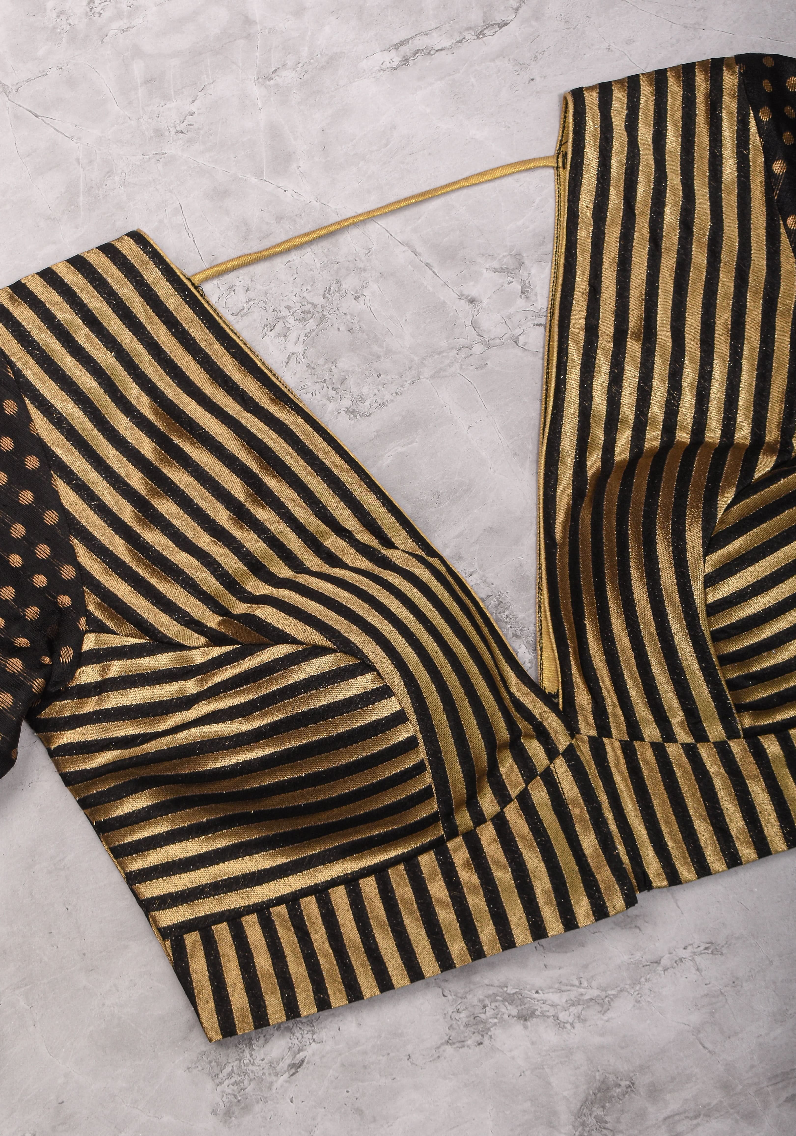 Black and gold stripes and buttas plunge neck mix and match blouse for saree, Made to Order | Shobitam