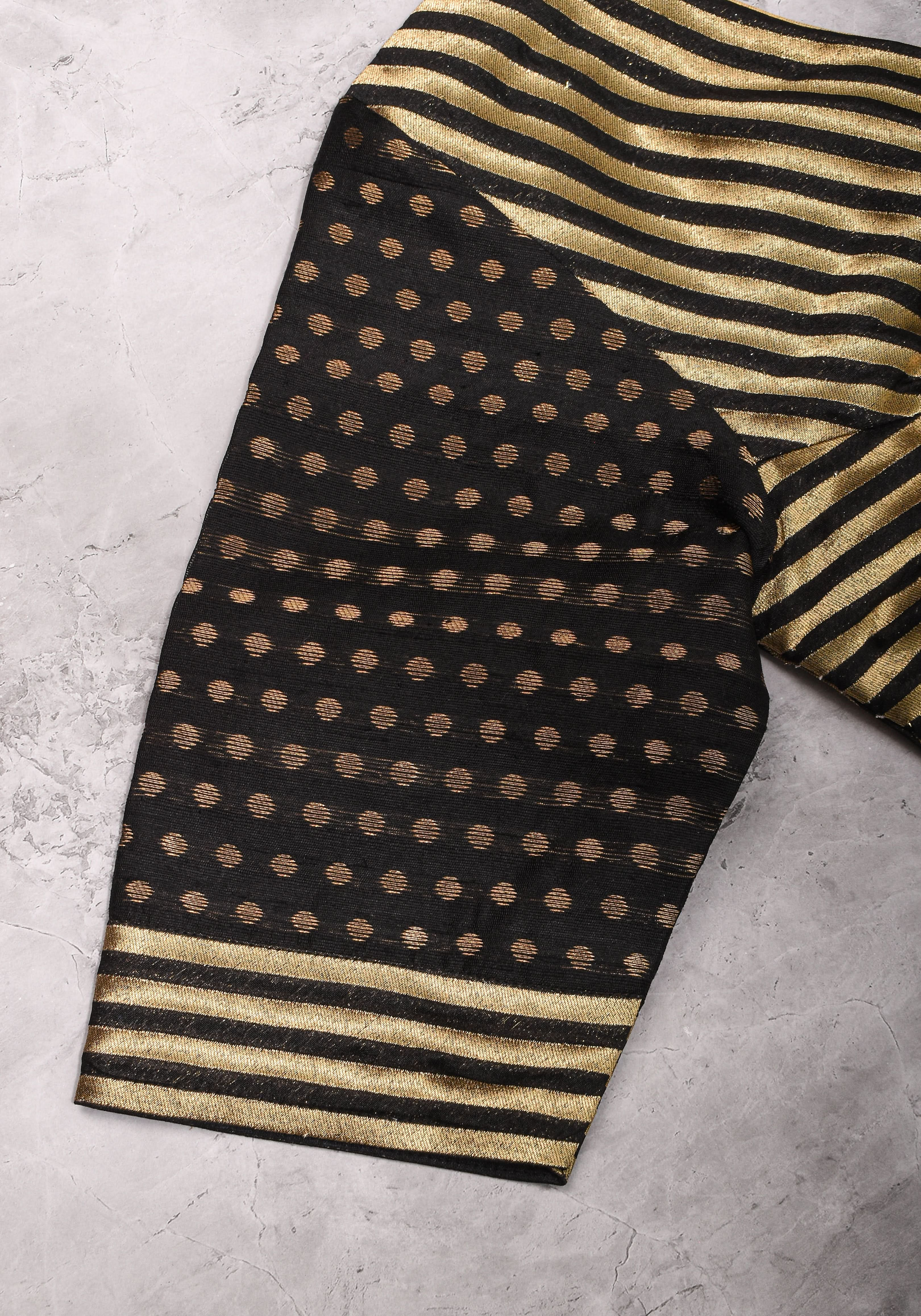 Black and gold stripes and buttas plunge neck mix and match blouse for saree, Made to Order | Shobitam