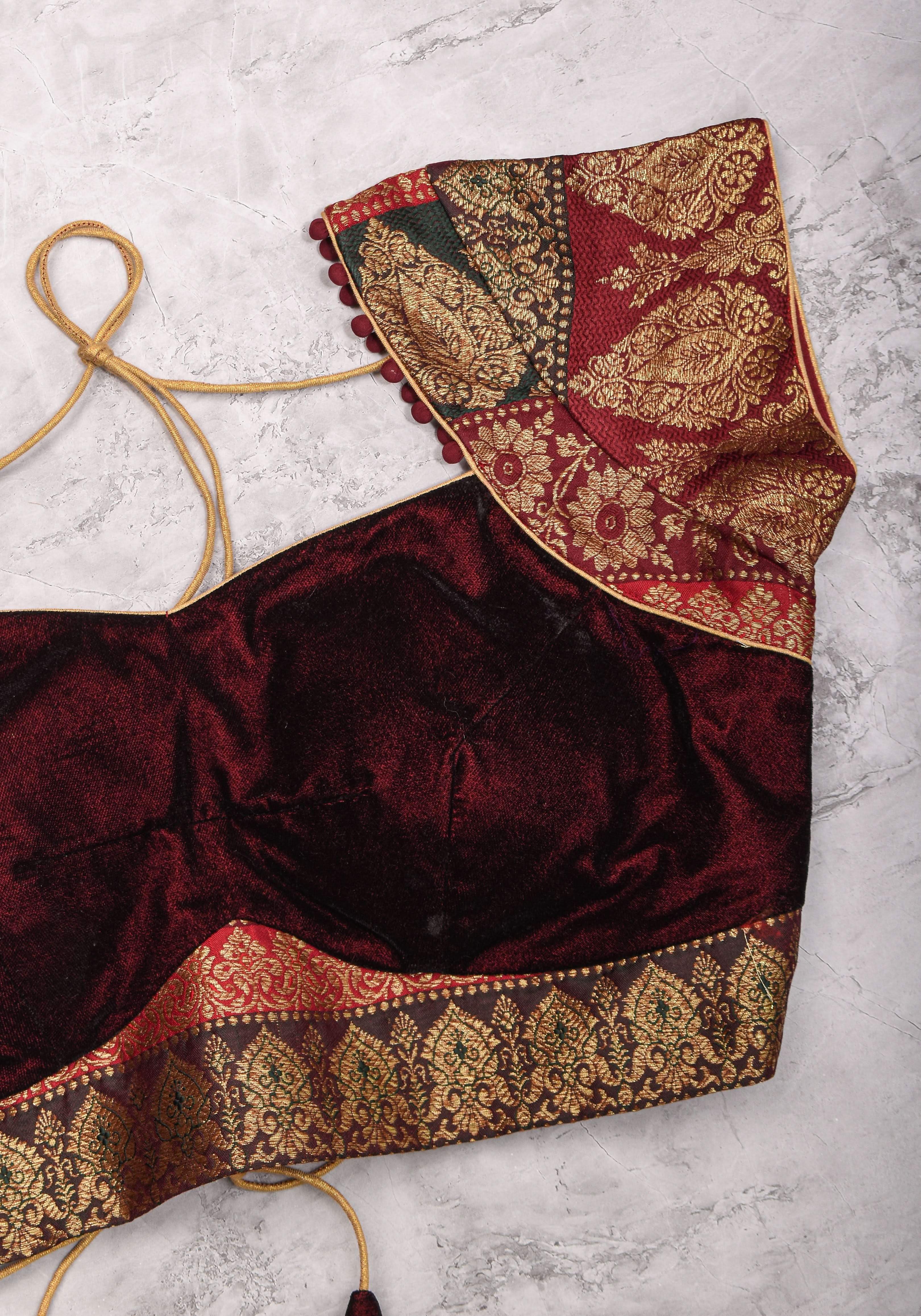 Burgundy Velvet and Banarasi brocade Sweetheart neck blouse, with potli button detailing on neckline, Made to Order | Shobitam