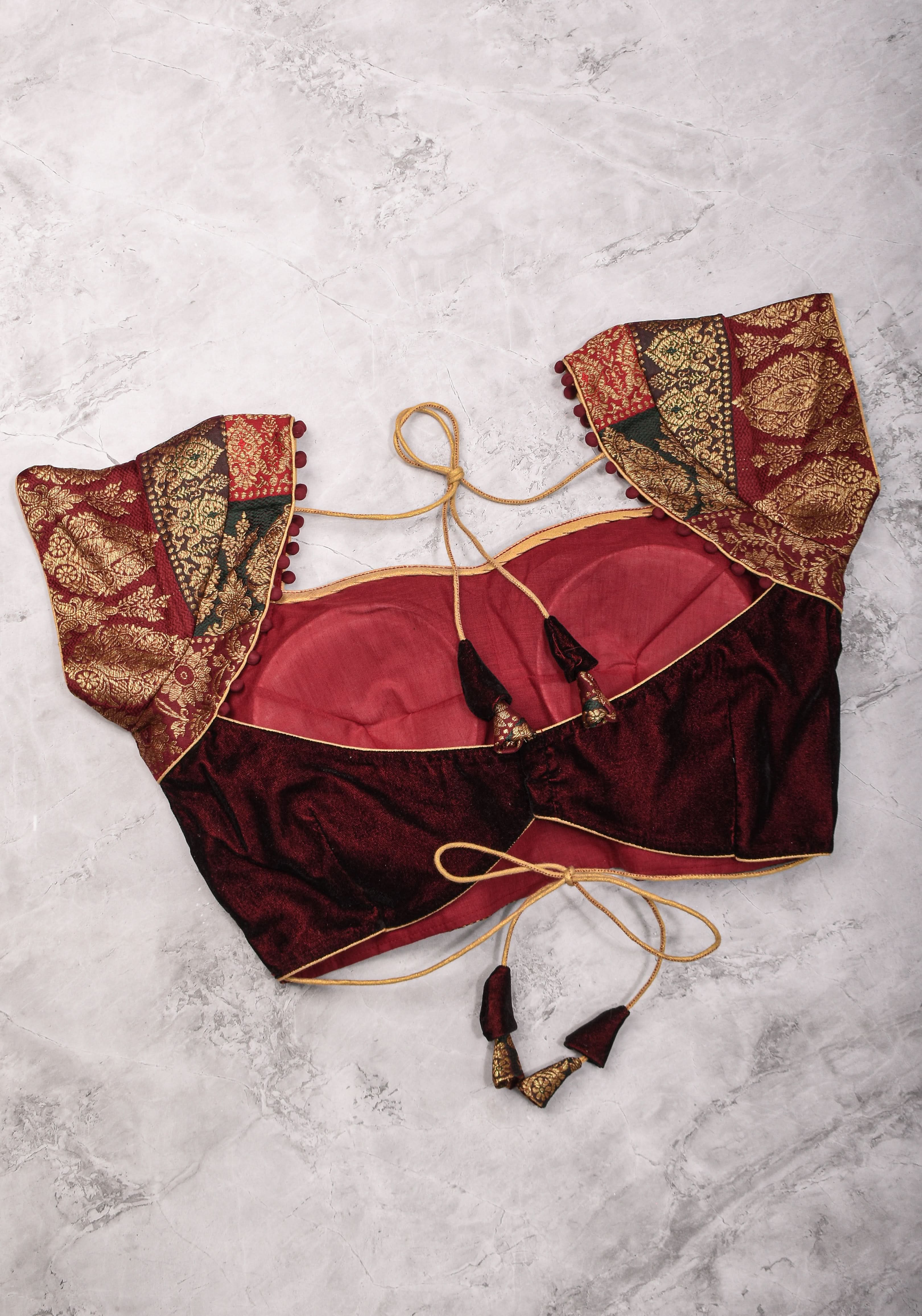 Burgundy Velvet and Banarasi brocade Sweetheart neck blouse, with potli button detailing on neckline, Made to Order | Shobitam