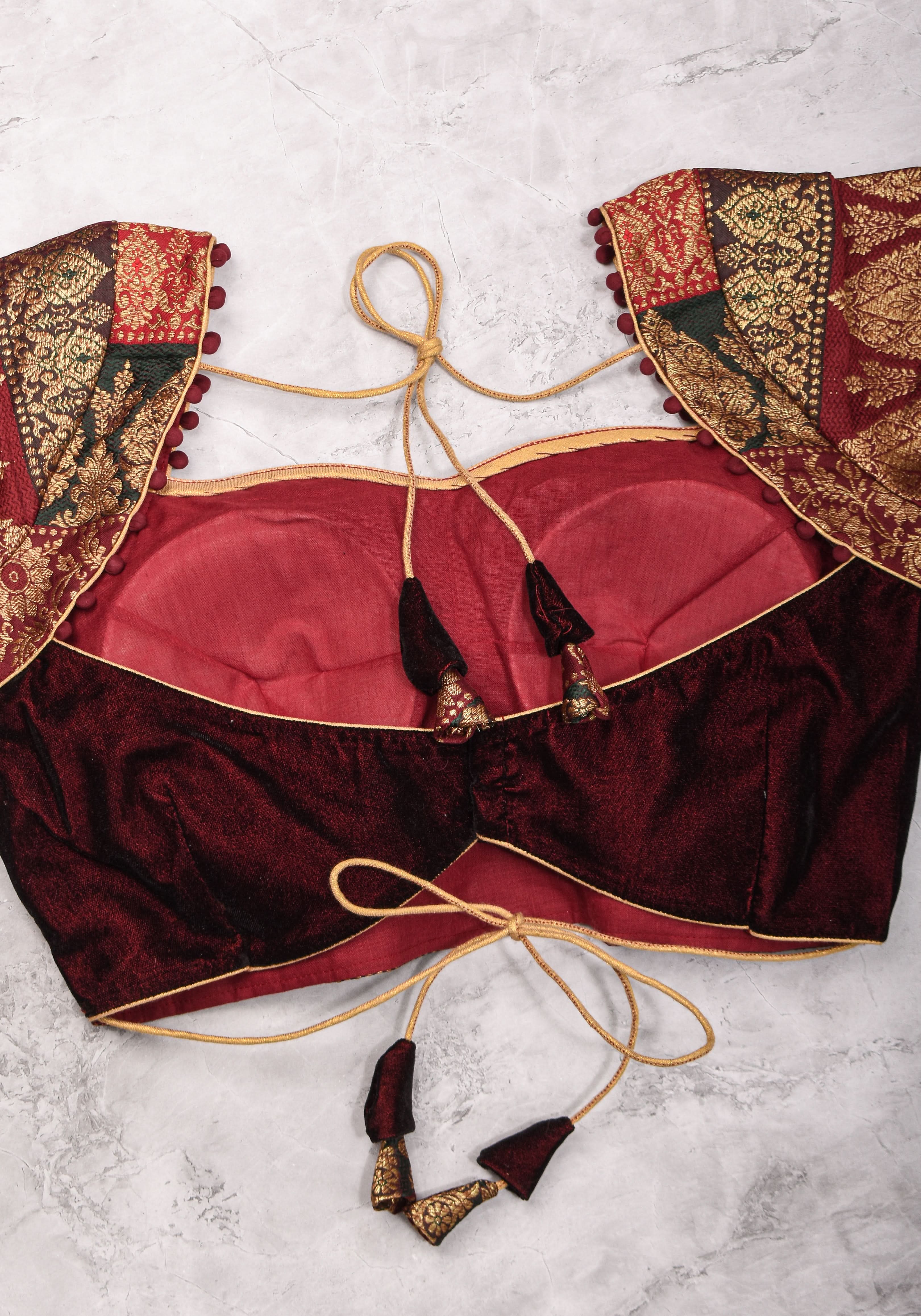 Burgundy Velvet and Banarasi brocade Sweetheart neck blouse, with potli button detailing on neckline, Made to Order | Shobitam