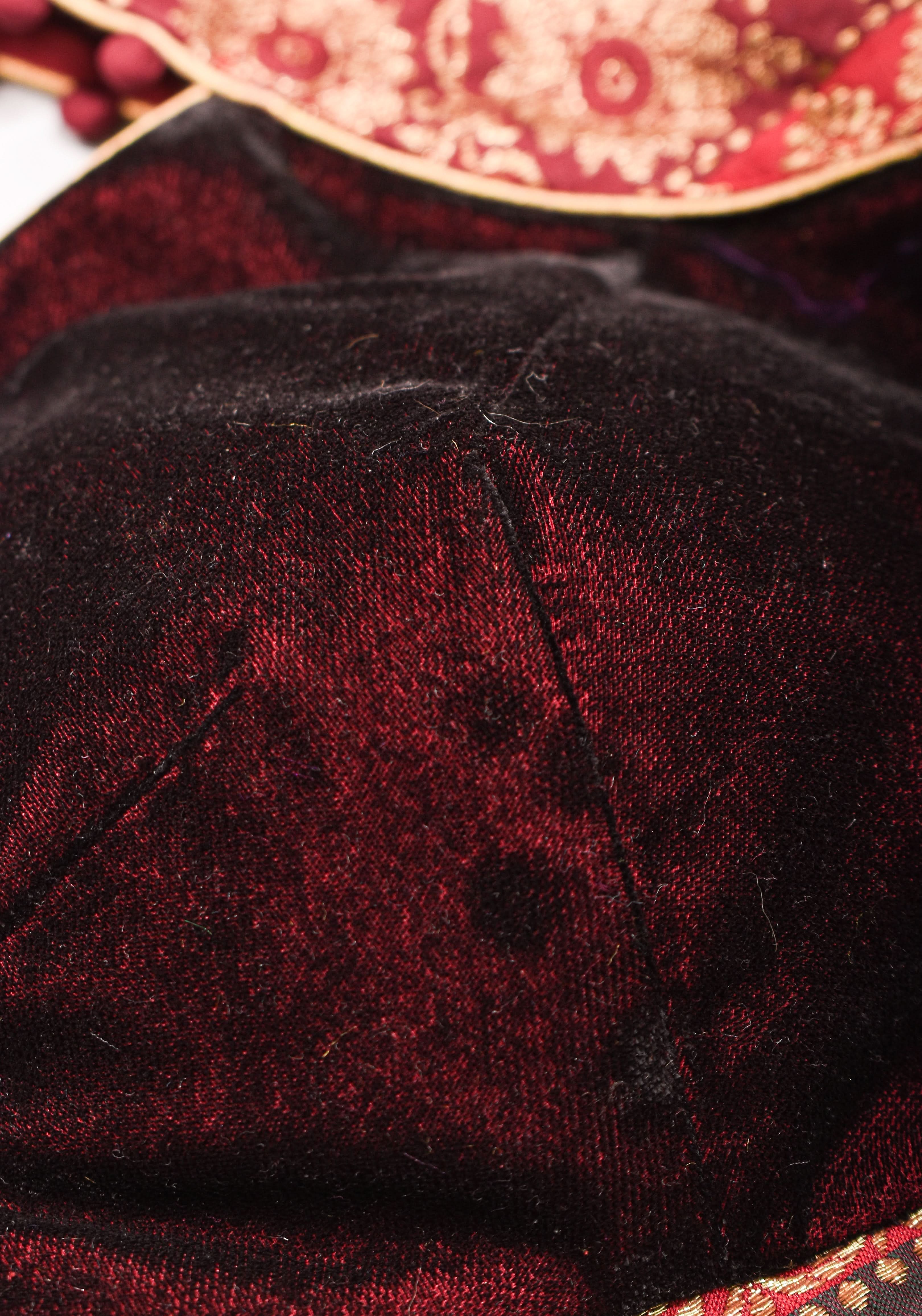 Burgundy Velvet and Banarasi brocade Sweetheart neck blouse, with potli button detailing on neckline, Made to Order | Shobitam