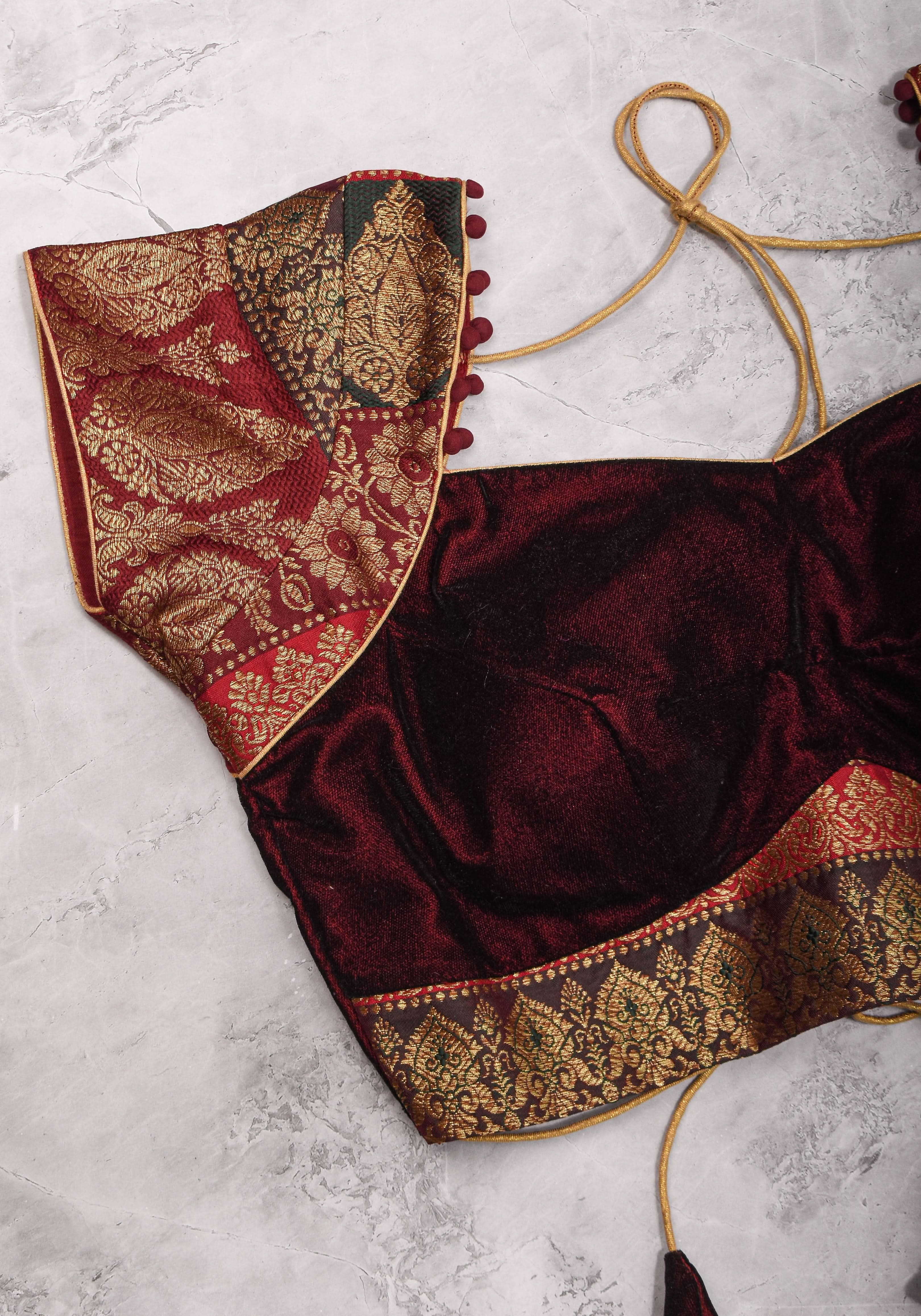Burgundy Velvet and Banarasi brocade Sweetheart neck blouse, with potli button detailing on neckline, Made to Order | Shobitam