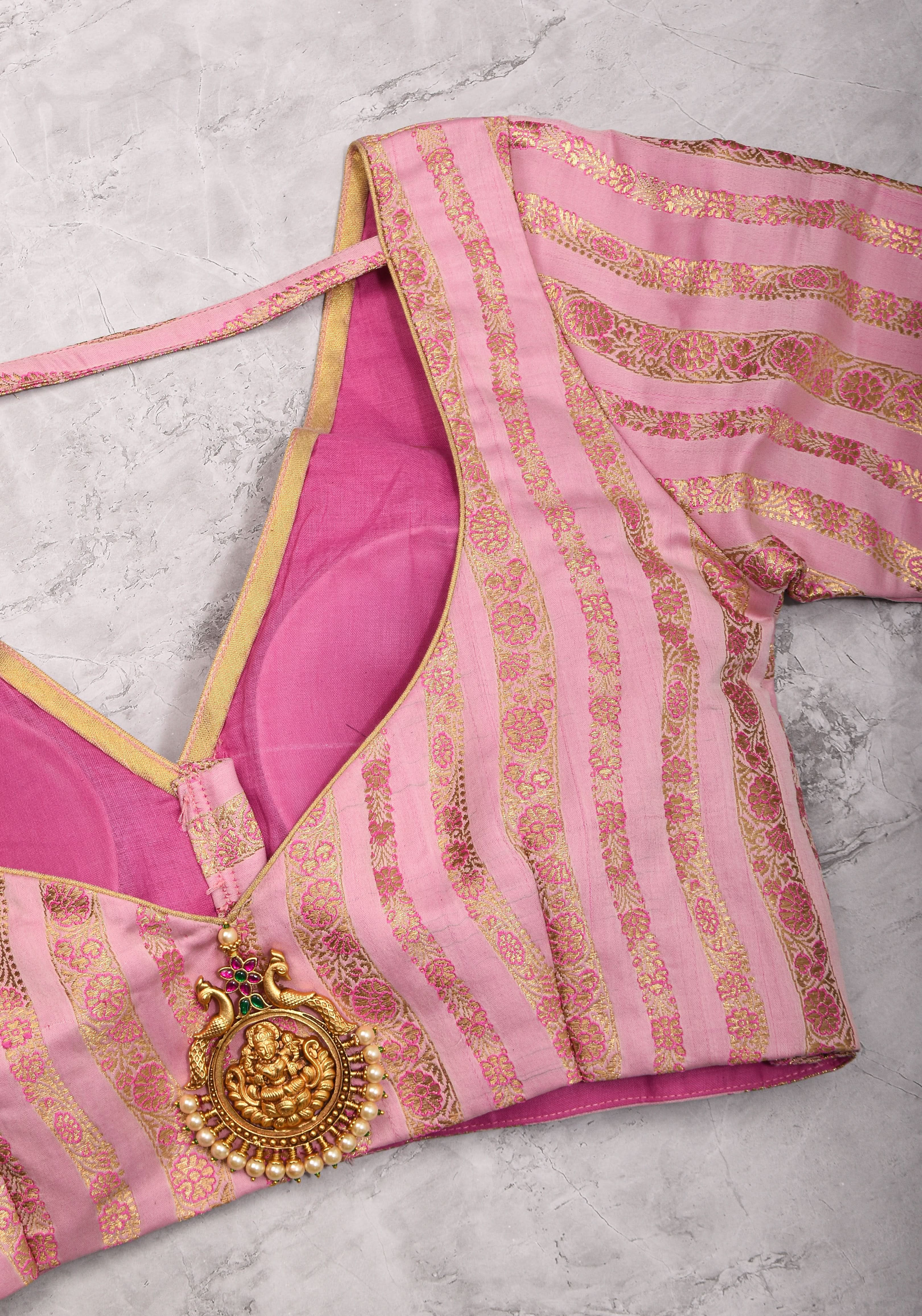 Thistle Banarasi brocade Stripes plunge neck blouse with full sleeves and Lakshmi jewel detailing, Made to Order | Shobitam