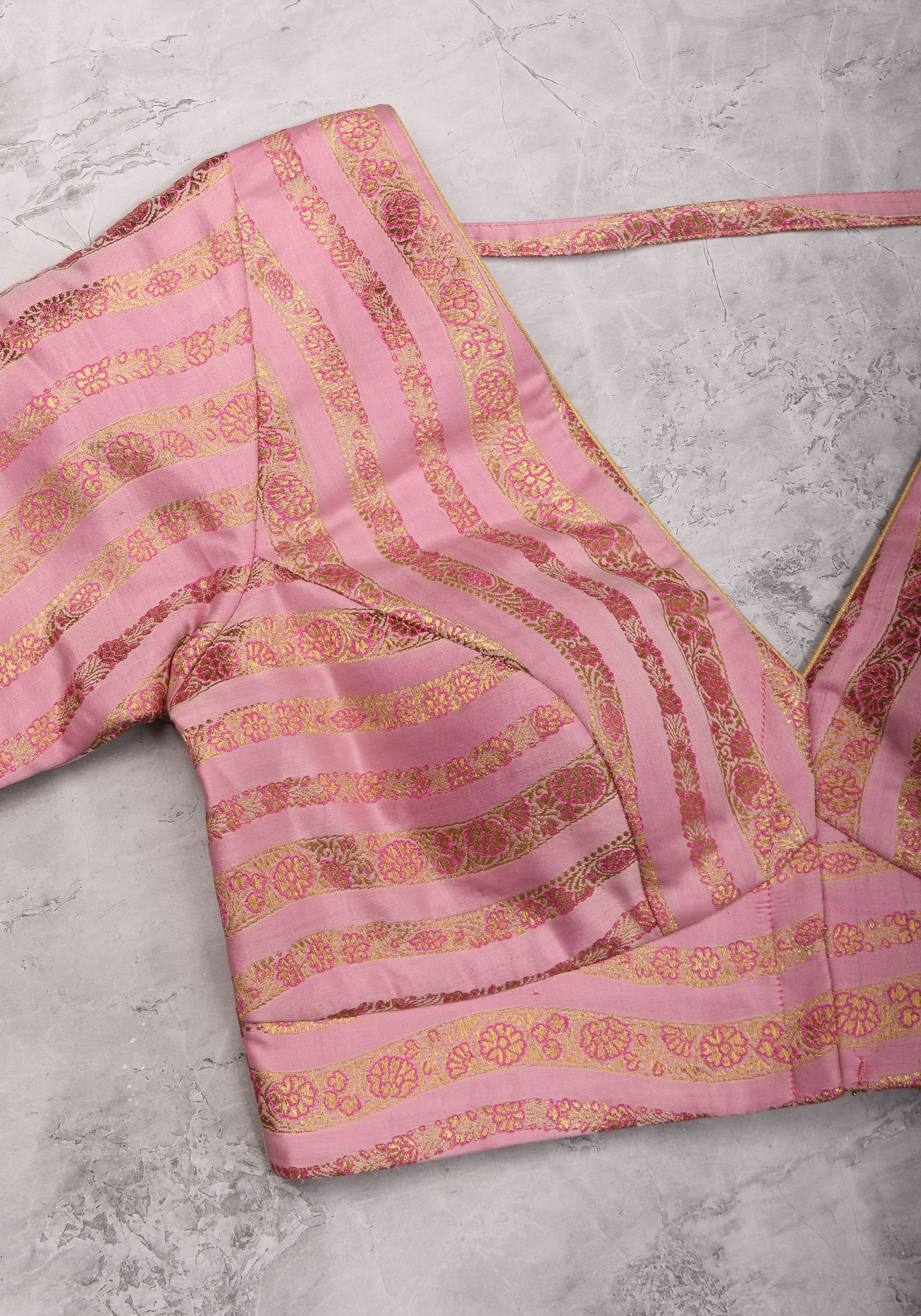 Thistle Banarasi brocade Stripes plunge neck blouse with full sleeves and Lakshmi jewel detailing, Made to Order | Shobitam