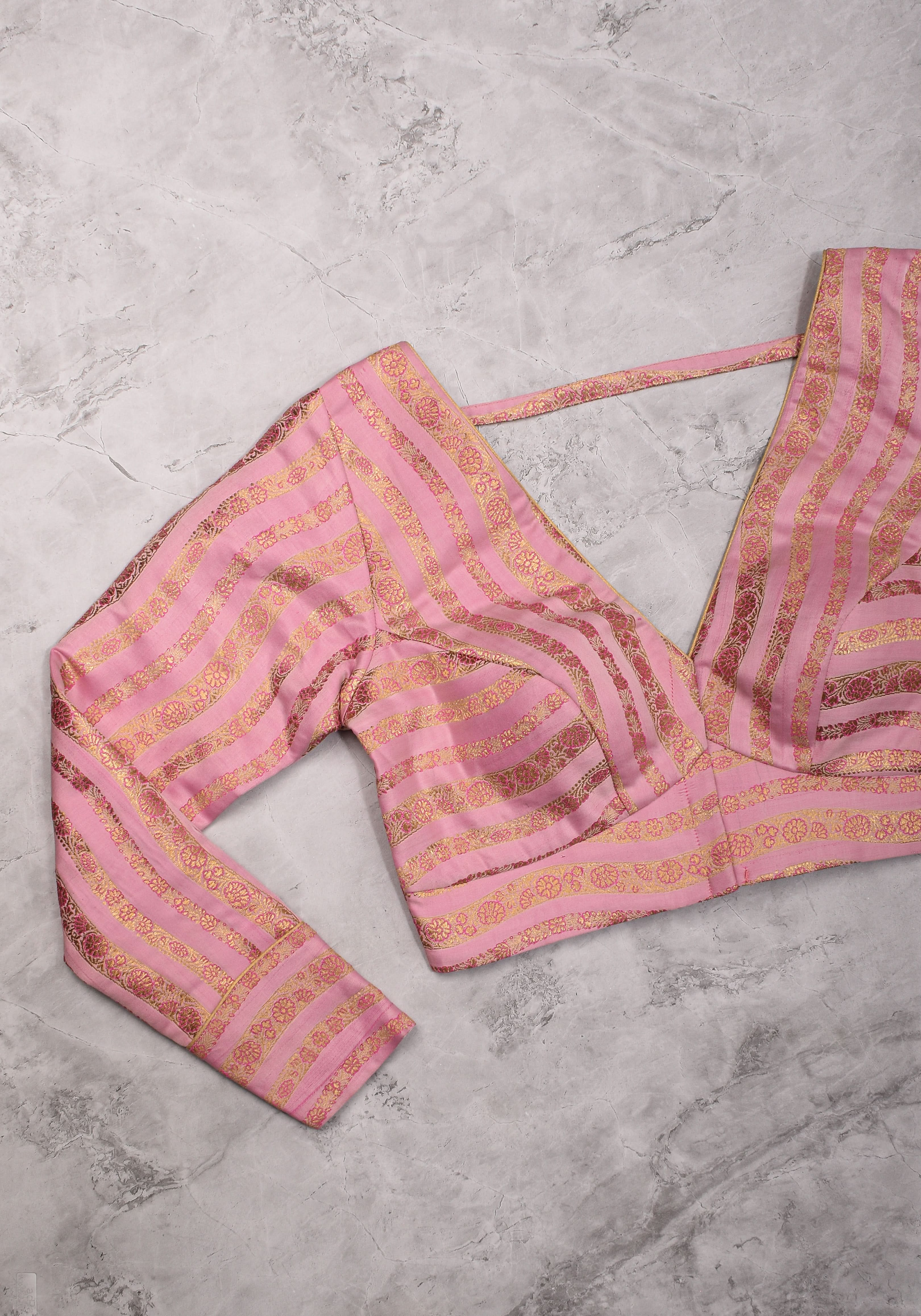 Thistle Banarasi brocade Stripes plunge neck blouse with full sleeves and Lakshmi jewel detailing, Made to Order | Shobitam