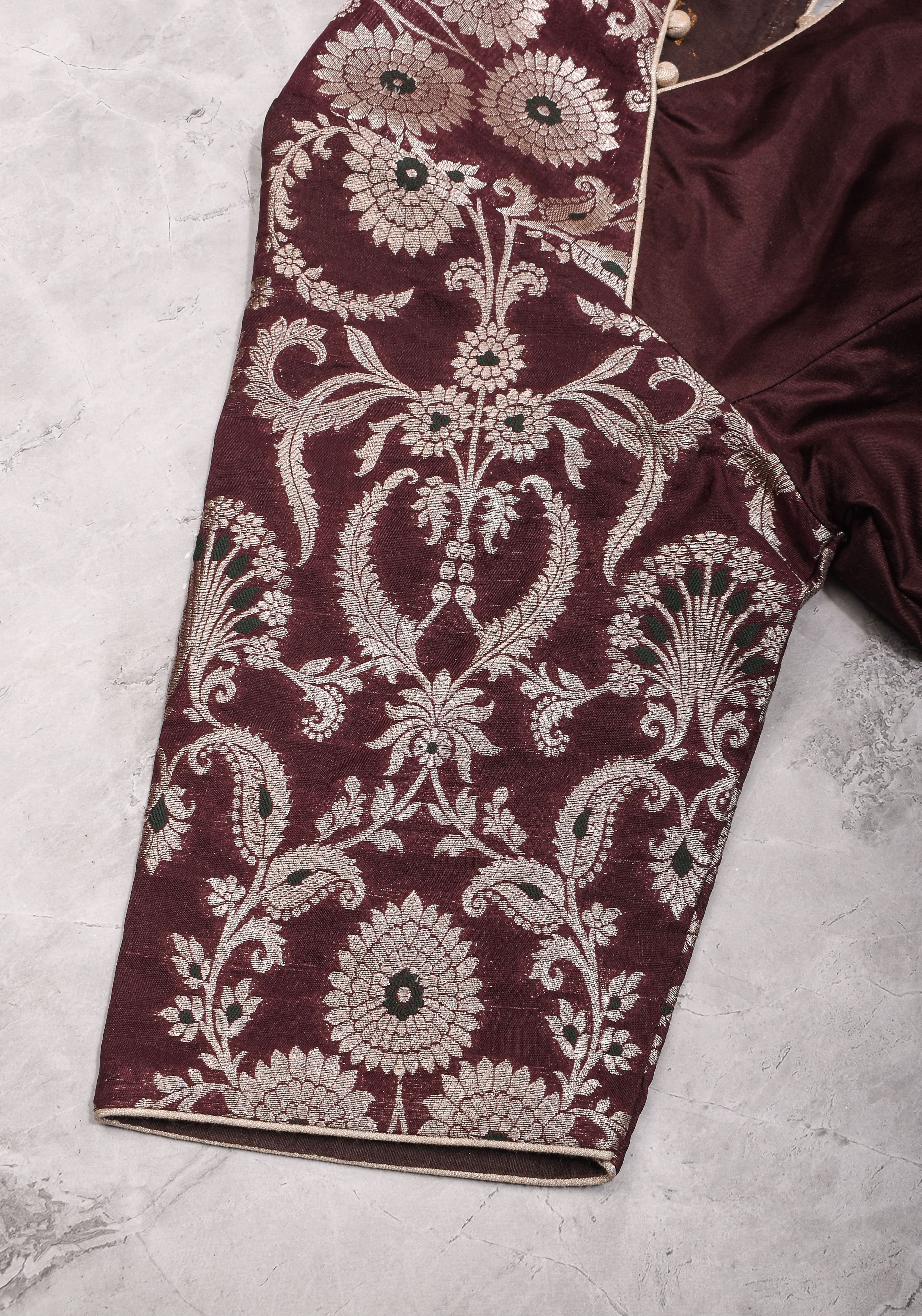 Maroon Silk with Banarasi Silver brocade Yoke with cutout design mix and match blouse for saree, Made to Order | Shobitam