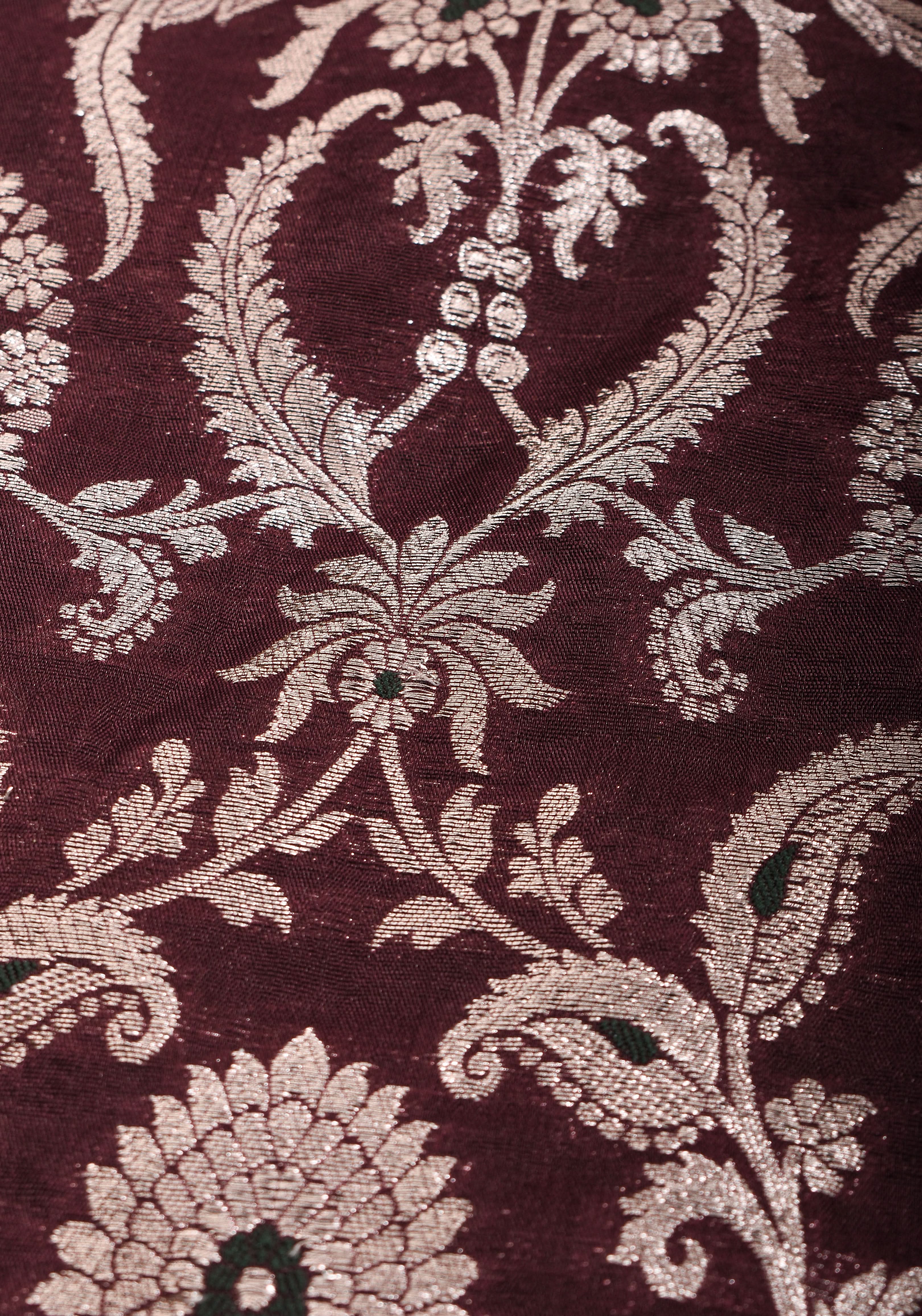Maroon Silk with Banarasi Silver brocade Yoke with cutout design mix and match blouse for saree, Made to Order | Shobitam