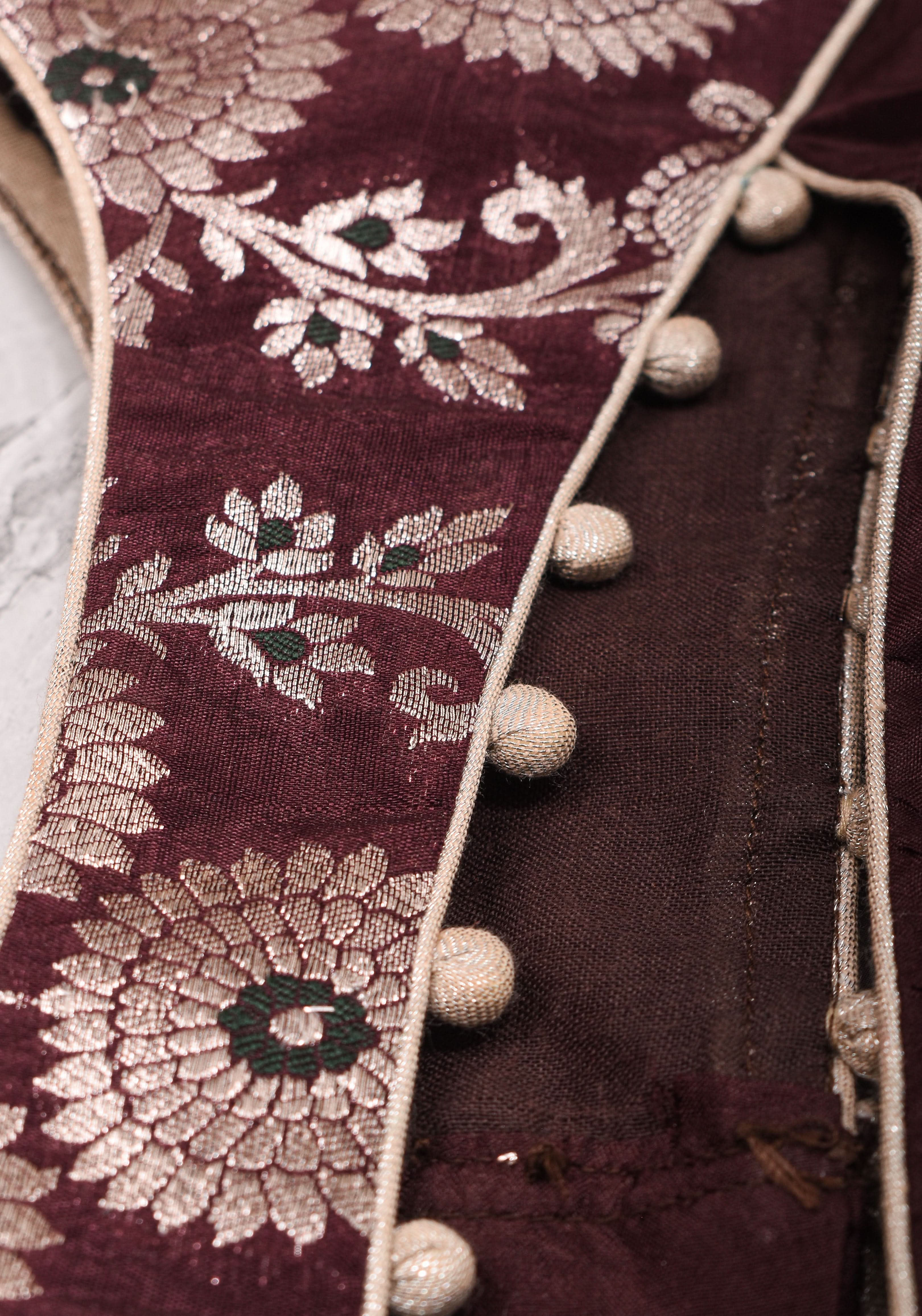 Maroon Silk with Banarasi Silver brocade Yoke with cutout design mix and match blouse for saree, Made to Order | Shobitam