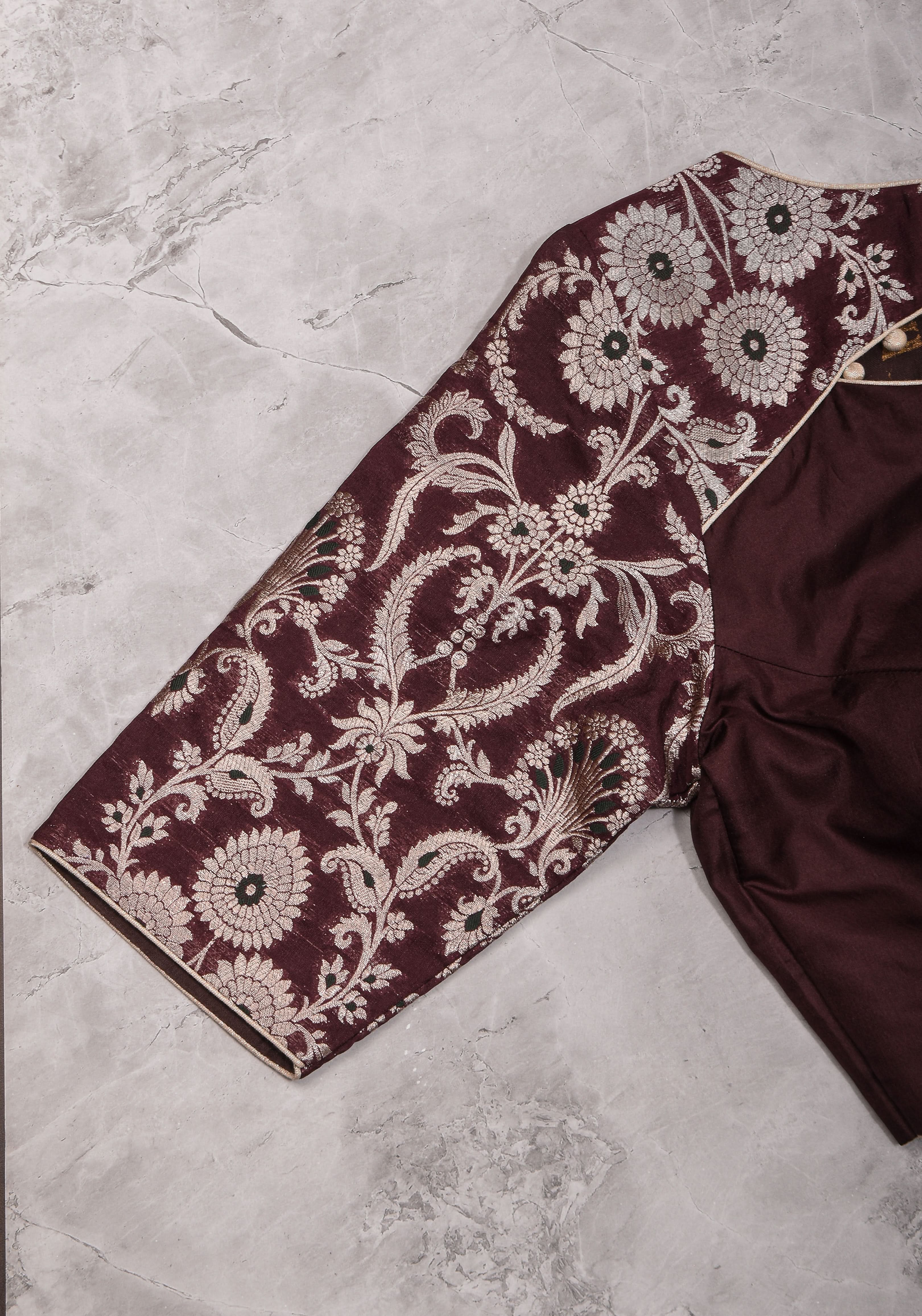 Maroon Silk with Banarasi Silver brocade Yoke with cutout design mix and match blouse for saree, Made to Order | Shobitam